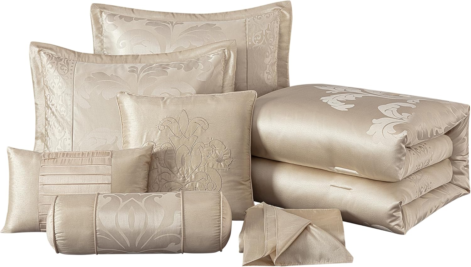 Chezmoi Collection Royale 7-Piece Jacquard Floral Comforter Set, Oversized King, Champagne