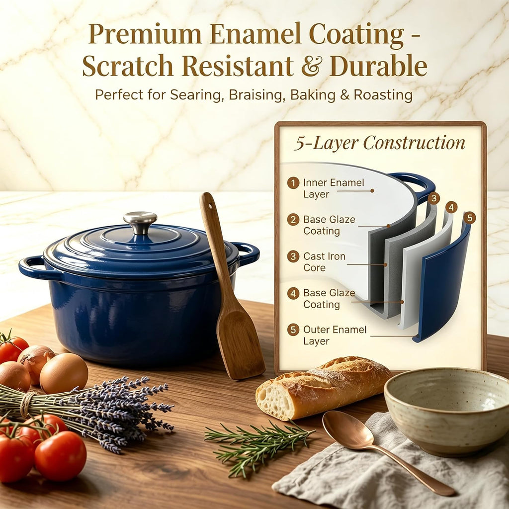 QuliMetal Enameled Cast Iron Cookware Set, 4-Piece Pots and Pans Set with Lids, 10.25' Skillet, 2QT Saucepan, 2.8QT & 4.8QT Dutch Ovens, Oven Safe to 500°F, All Stovetops Compatible - Navy Blue