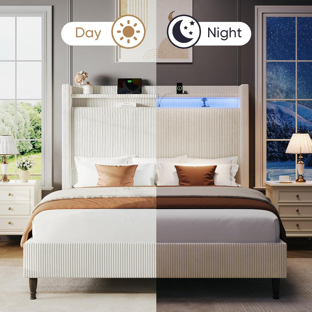 Full Size Bed Frame with Tall Headboard, 55.3' Corduroy Upholstered Platform Bedframe with LED Lights & Charging Station, Cream Full Beds, Wingback Storage Headboard, No Box Spring Needed, Wood Slats