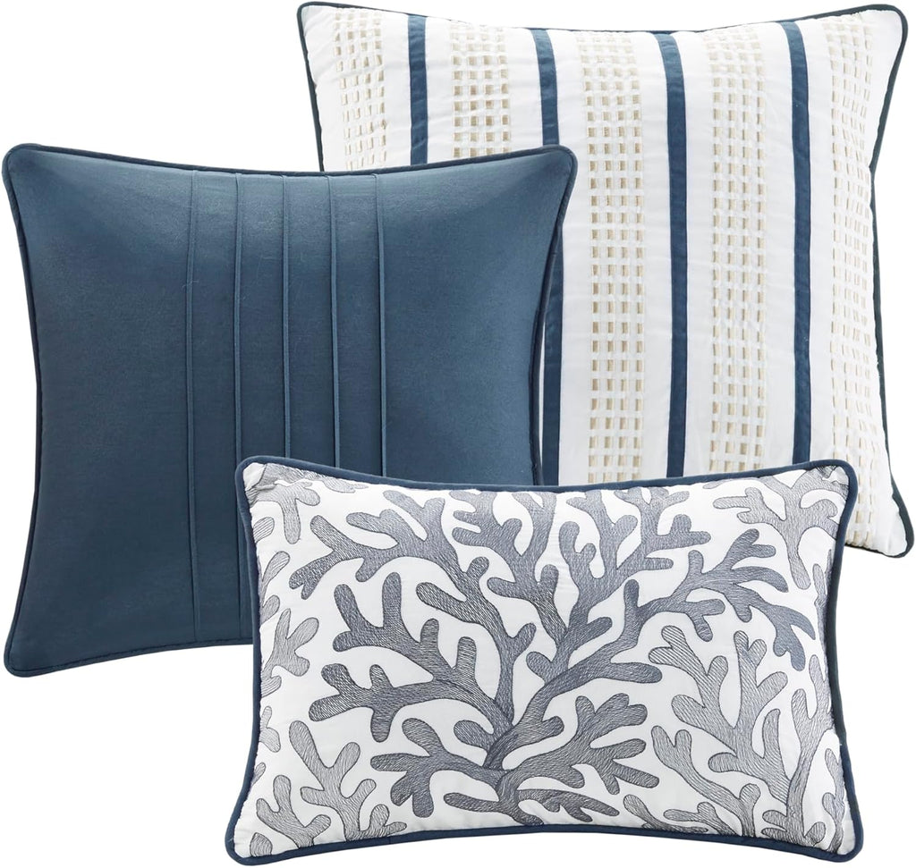 Madison Park 100% Cotton Comforter Set - Coastal Coral, Starfish Design All Season Down Alternative Cozy Bedding with Matching Shams, Decorative Pillow, Queen(90'x90'), Taupe 7 Piece