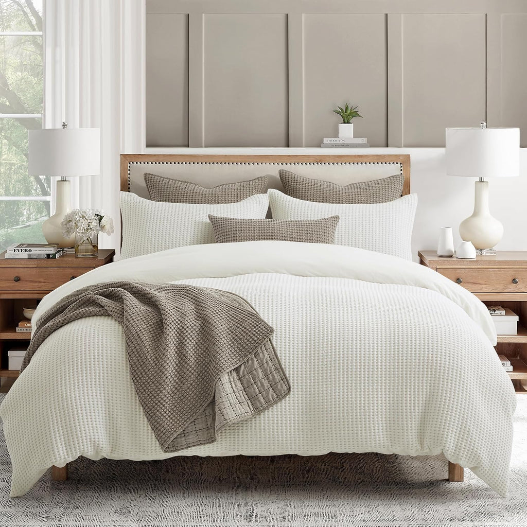 Levtex Home Mills Waffle Queen Duvet Cover Set (90x94in) with 2 Pillow Shams (26x20in) - Cream - 100% Cotton Queen Size Duvet Cover Set - Soft, Pre-Washed