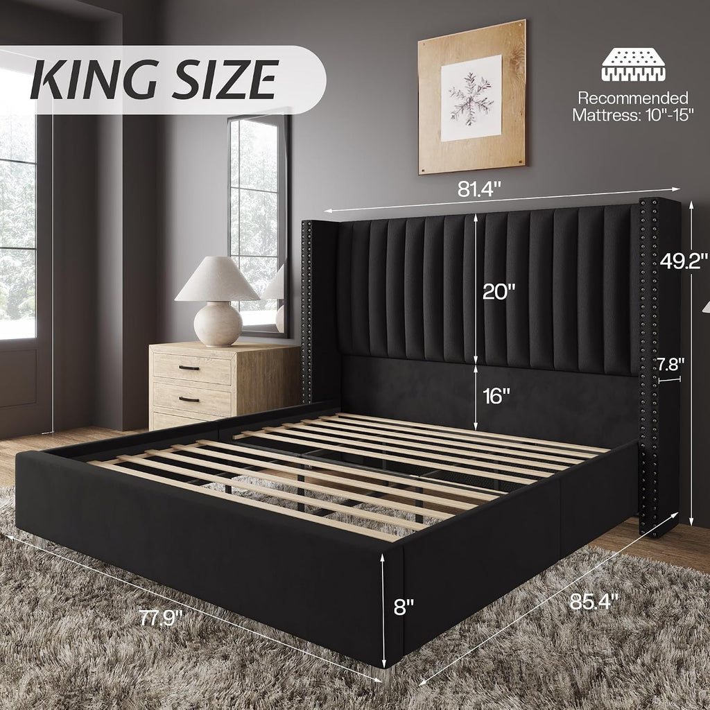 Jocisland King Bed Frame with 49.2' Tall Wingback Headboard,Velvet Upholstered Platform Bed for Cozy Master Bedrooms & Modern Homes,No Box Spring Needed, Easy Assembly, Black