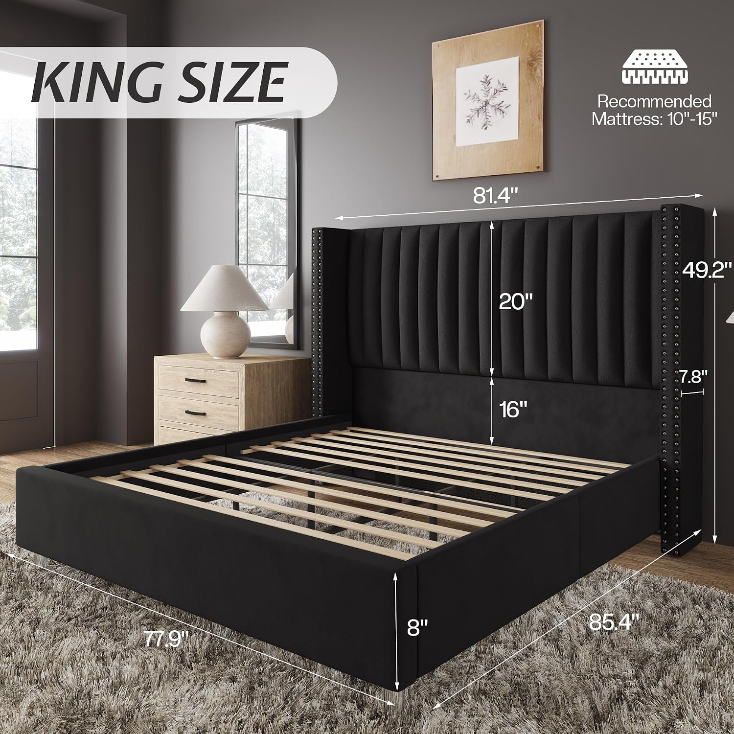 Jocisland King Bed Frame with 49.2' Tall Wingback Headboard,Velvet Upholstered Platform Bed for Cozy Master Bedrooms & Modern Homes,No Box Spring Needed, Easy Assembly, Black