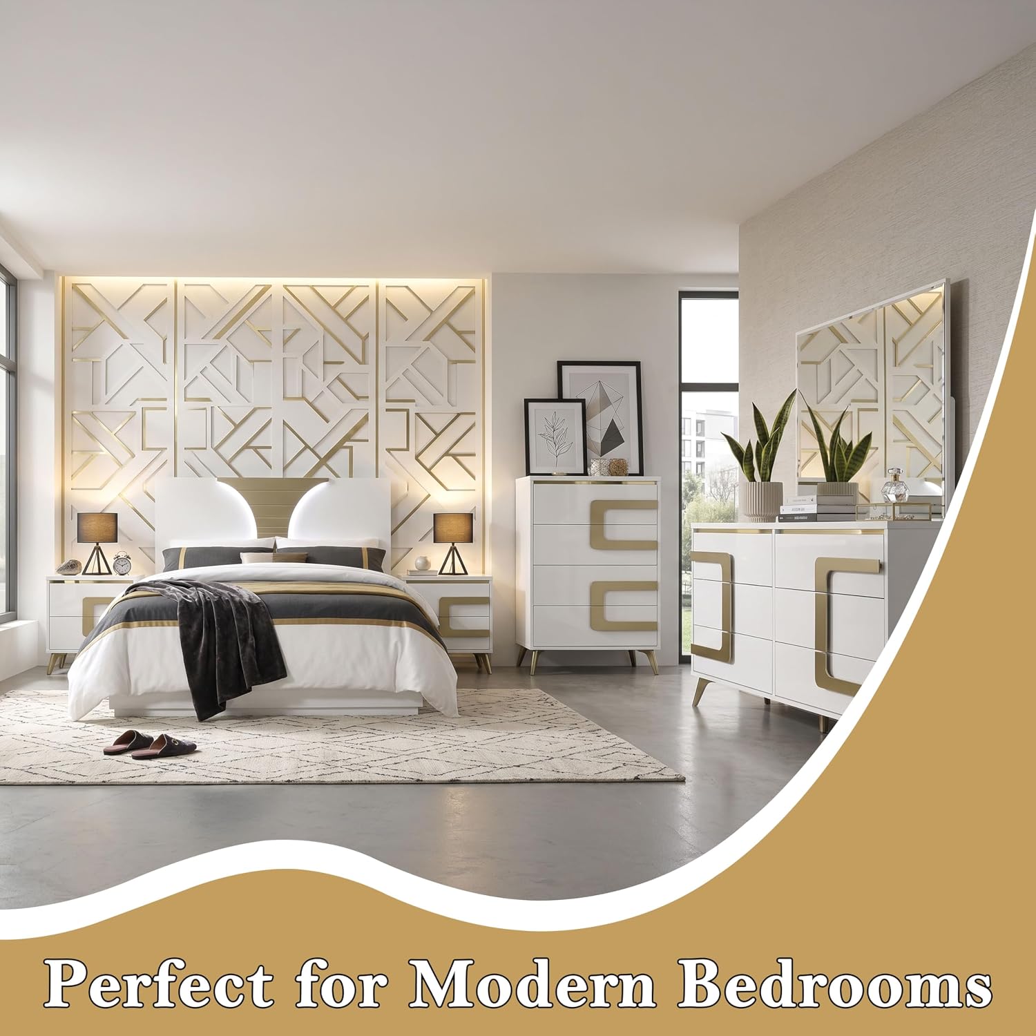 Kings Brand Furniture Claire 6-Piece King Size Bedroom Set - Bed with LED Headboard, Dresser, Mirror, Chest and 2 Nightstands, White/Gold