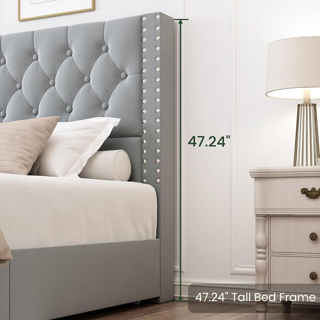 LARMACE King Size Bed Frame with 4 Storage Drawers and Tufted Headboard Velvet Upholstered Platform Bed Frame with Heavy Duty Wood Slats,No Box Spring Needed,Easy Assembly,Bluish Grey