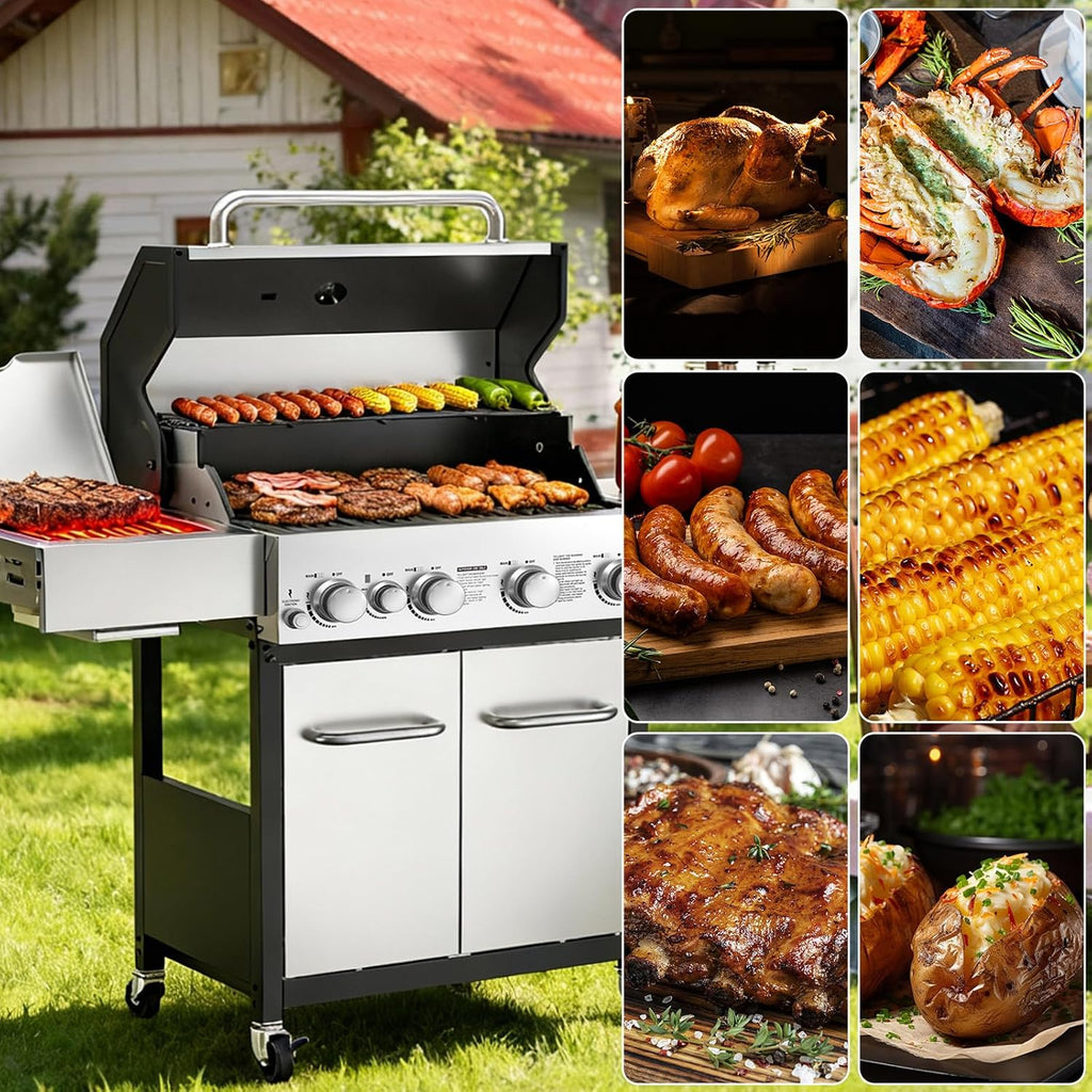 Veralune 4 Burner Gas Grill with Infrared Side Burner, Outdoor Gas Grill, BBQ Gas Grill with Oil Tray and Built-in Thermometer, 55,000 BTU, Enameled Cast-iron Grates, Black