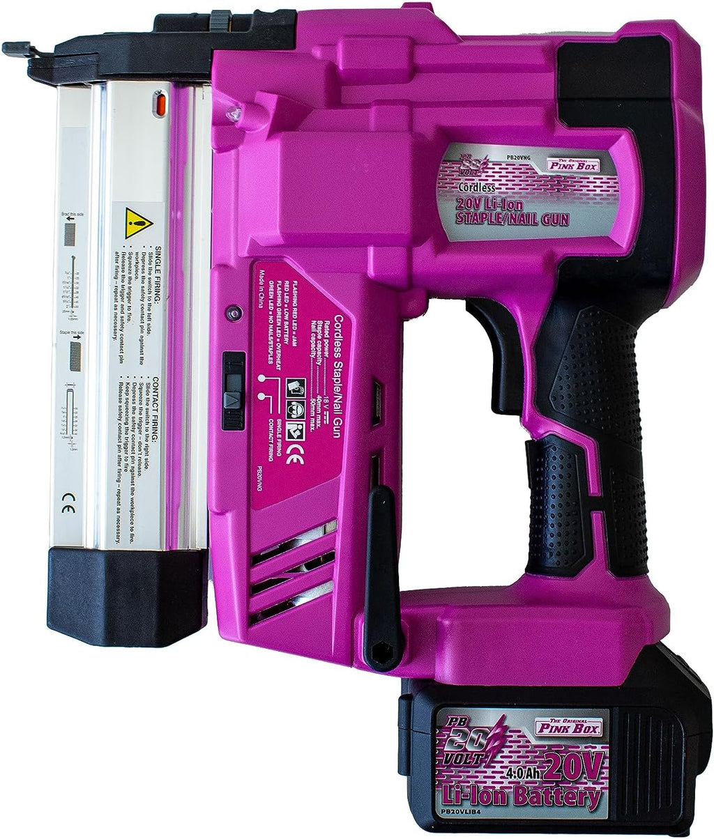 The Original Pink Box 20-Volt Lithium-Ion Cordless 2-in1 Brad Nailer/Stapler, 4.0Ah Battery & Charger Included