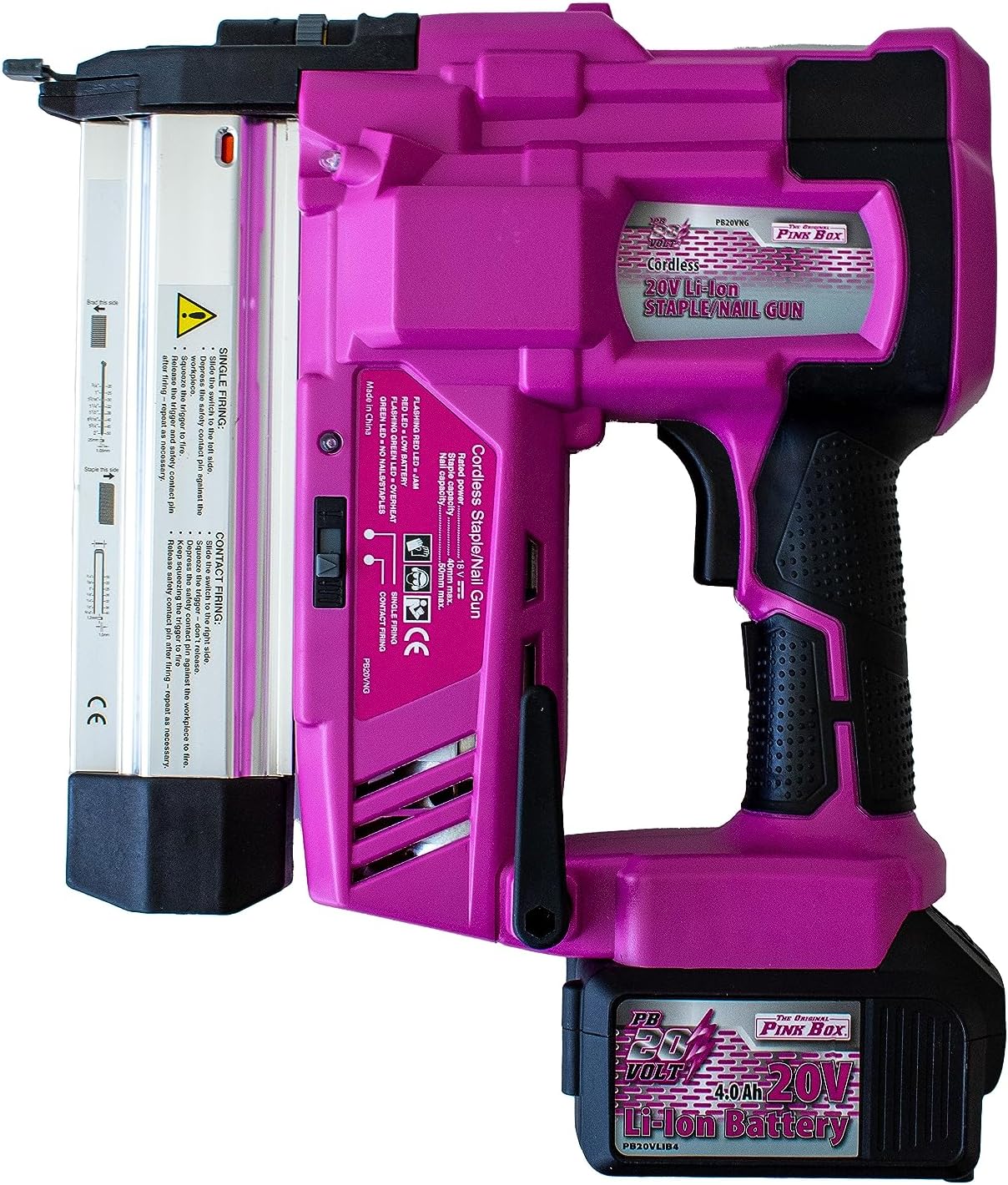 The Original Pink Box 20-Volt Lithium-Ion Cordless 2-in1 Brad Nailer/Stapler, 4.0Ah Battery & Charger Included