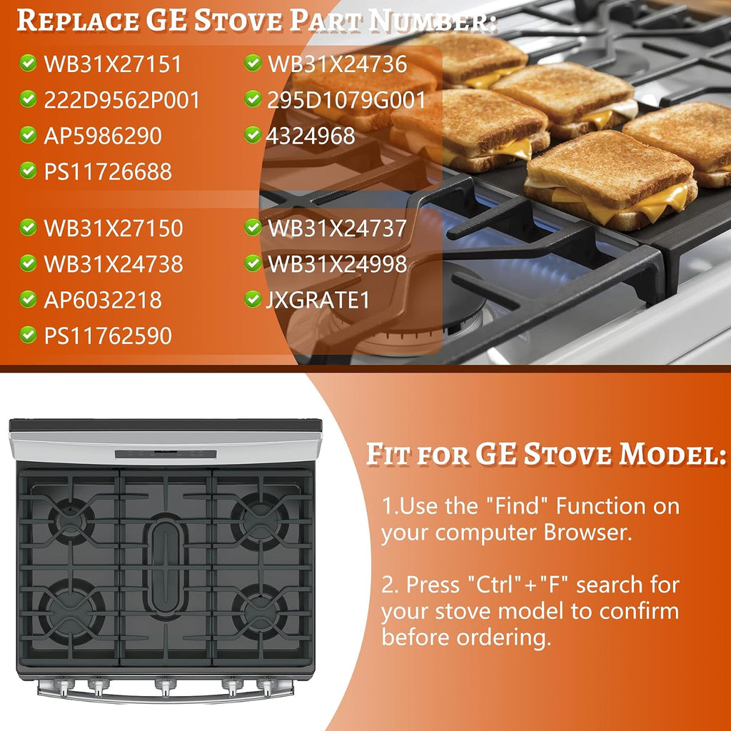 Stove Grates for GE Gas Stove Burner Grate Range Oven Rack WB31X27150 WB31X27151 Replacement Parts Cast Iron Flat Plate General Electric Cooktop 3 Pack