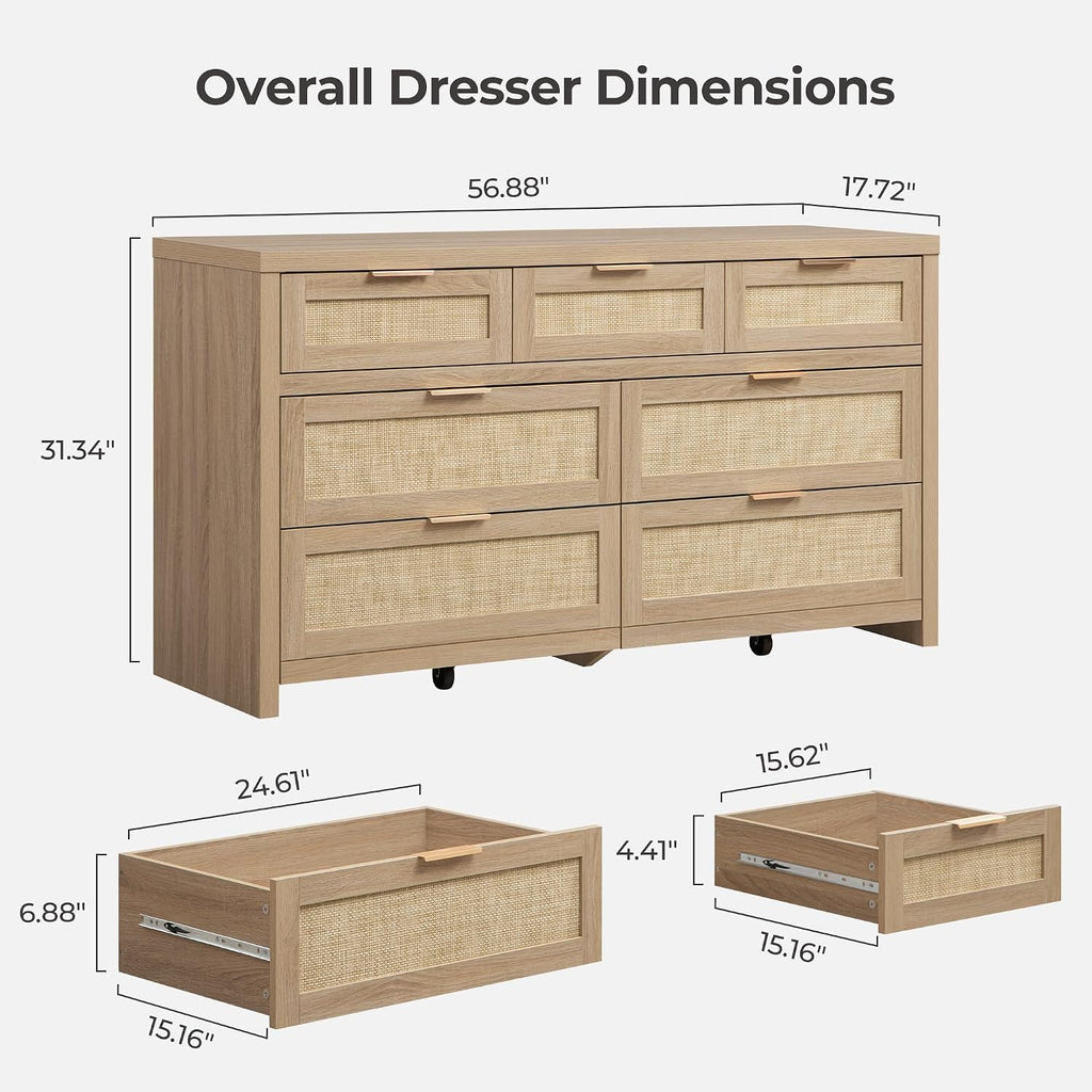 SICOTAS 7 Drawer Dressers for Bedroom Set 2, Long Rattan Dresser, Dresser TV Stand, Closet Organizer Chest of Drawers, Clothes Storage Dressers (Reclaimed Light Oak, 7 Drawers (2 pcs))