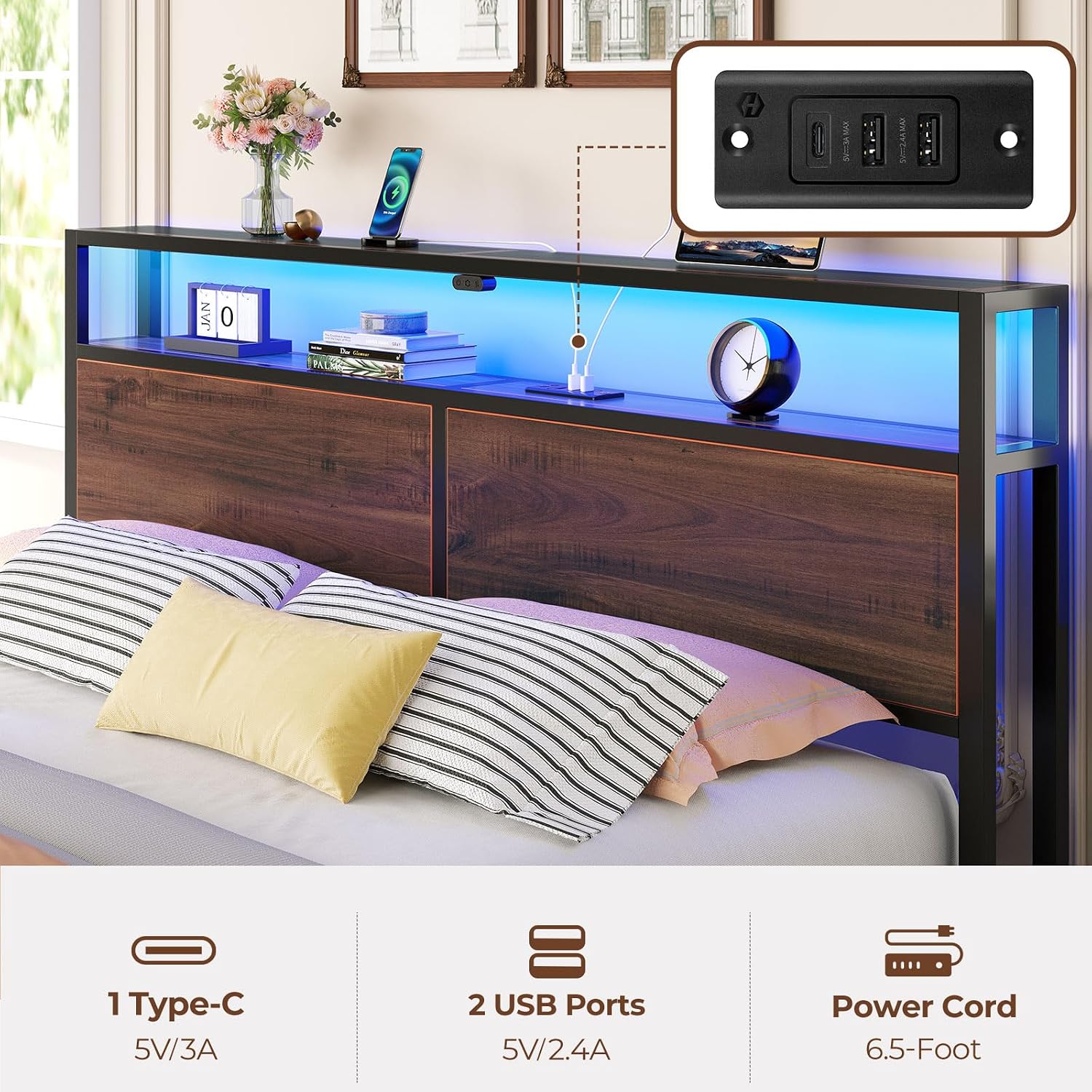 Rolanstar Twin Bed Frame with 4 Storage Drawers & 2-Tier Storage Headboard, Metal Platform Bed Frame with Charging Station & LED Lights, Noise-Free, No Box Spring Needed, Easy Assembly, Espresso