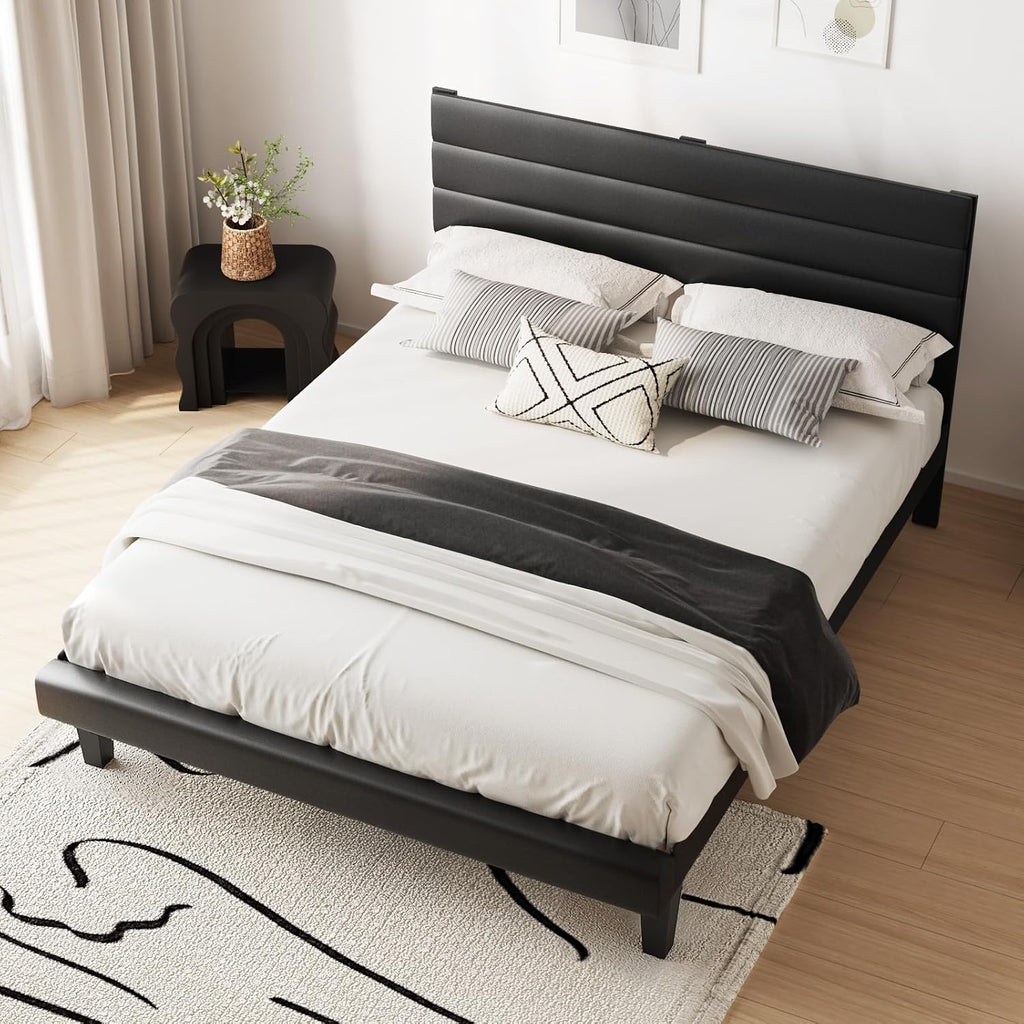 VINGLI Upholstered Bed Frame Queen, Faux Leather Platform Bed with Adjustable Headboard, Wood Mattress Foundation with Heavy Duty Slats Support,Luxury Modern,No Box Spring Needed, Black