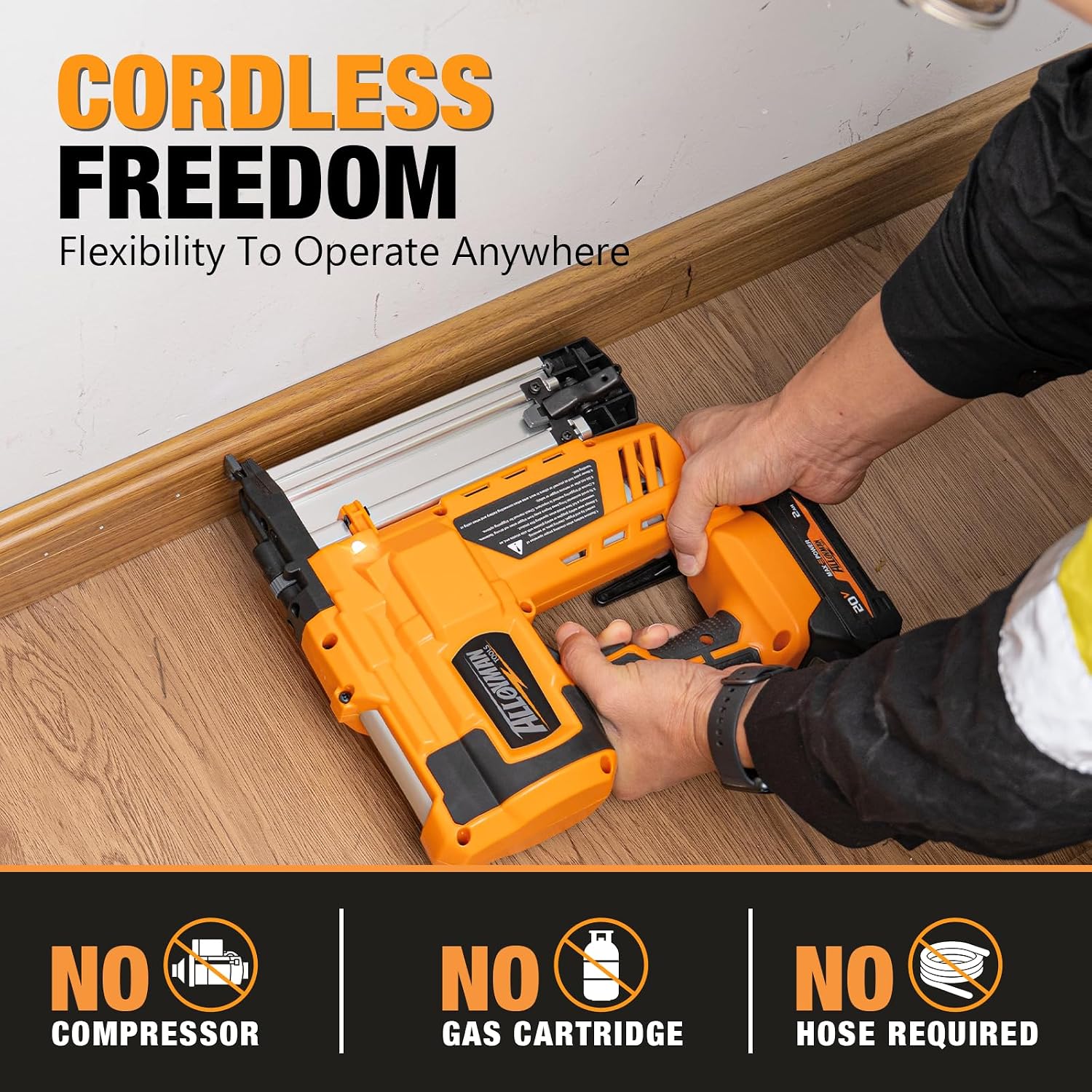 ALLOYMAN 20V 18GA Cordless Brad Nailer, with 2 * 2.0Ah Battery & Charger, Nail Gun Battery Powered, Up to 2 Inch, 2 Firing Modes, Adjustable Depth, 1000pcs Nails Included for Upholstery & Woodworking