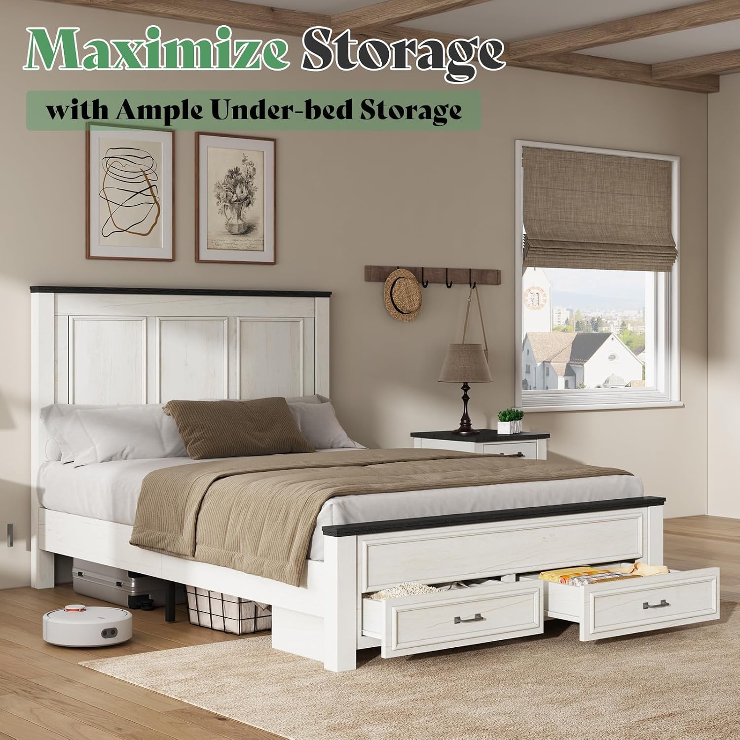 AMERLIFE Full Size Bed Frame with 52.2' Tall -Panel Headboard & Footboard, Farmhouse Wood Platform Bed Frame & 2 Large Storage Drawers, No Box Spring Needed, Noiseless, Rustic White
