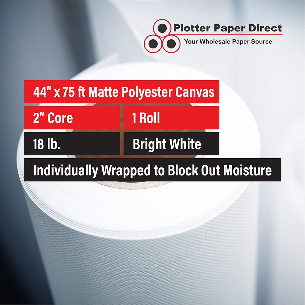 Plotter Paper Direct 44in x 75ft Premium Polyester Matte Canvas Roll, 500 Denier, Quick Dry, Wide Format Inkjet Printer Compatible, Perfect for Fine Art, Photography, Archival Quality Prints