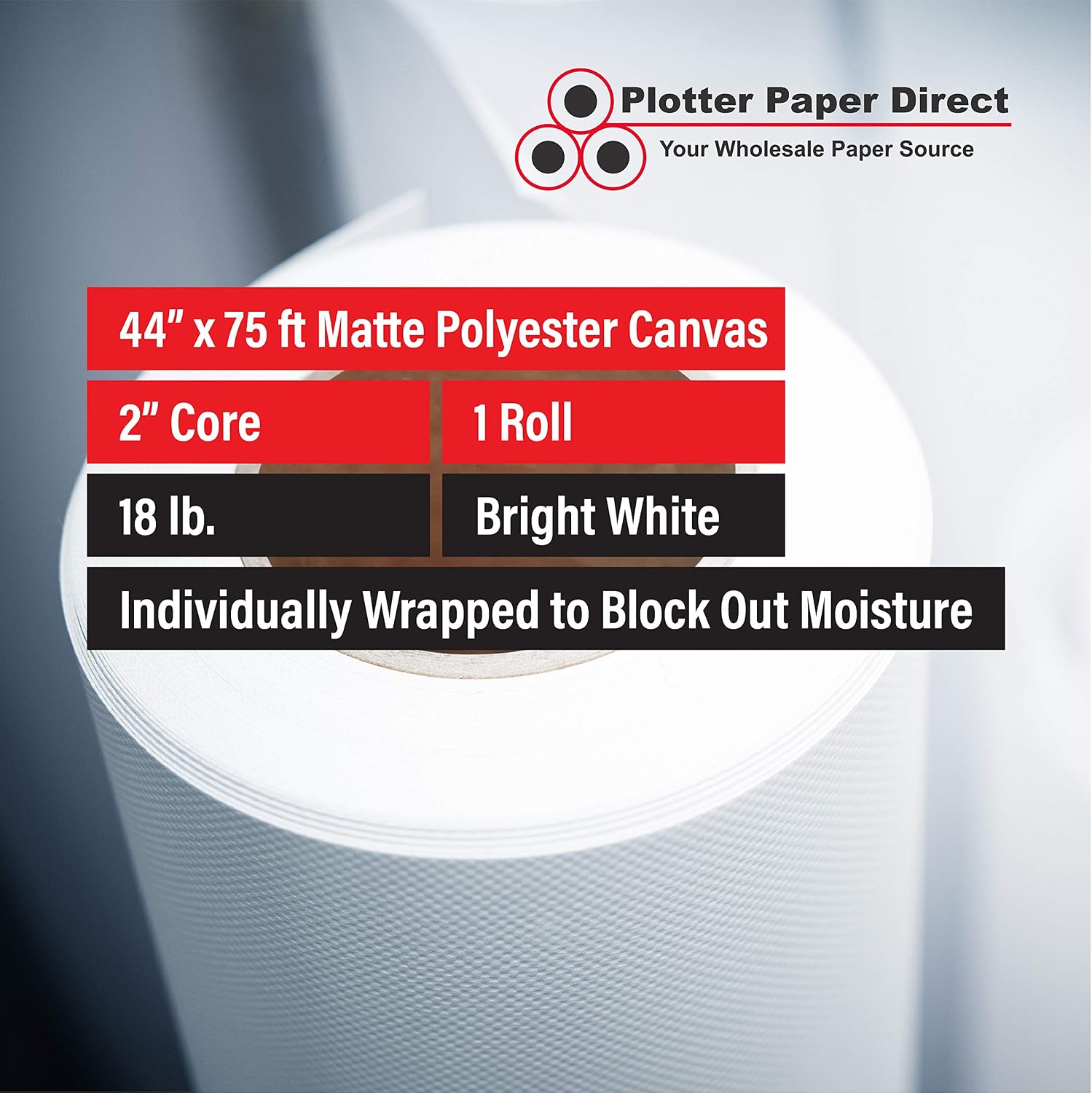 Plotter Paper Direct 44in x 75ft Premium Polyester Matte Canvas Roll, 500 Denier, Quick Dry, Wide Format Inkjet Printer Compatible, Perfect for Fine Art, Photography, Archival Quality Prints