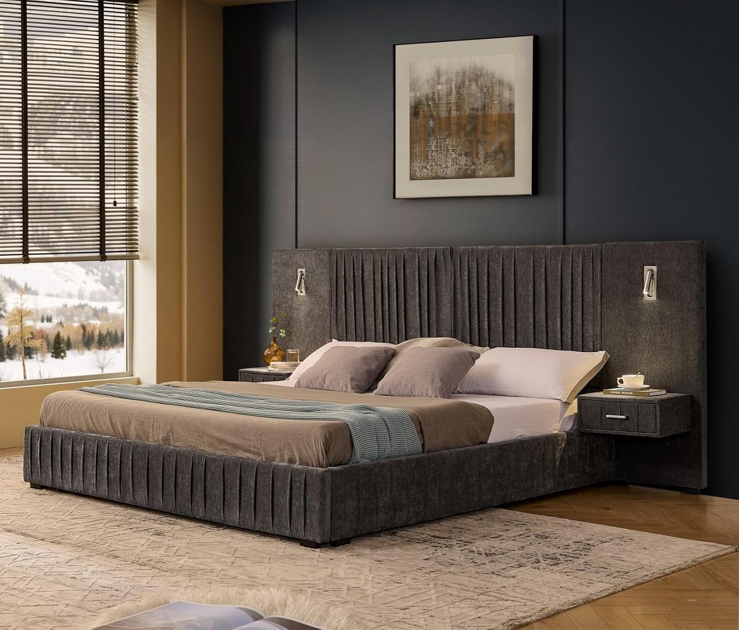 KEIKI King Size Chenille Bed Frame with 2 Nightstands, Lamps & Oversize Headboard, Solid Wood Frame Platform Night Stand Bedroom Set, Upholstered Floor Grounded Bed, No Box Spring Needed, Dark Grey