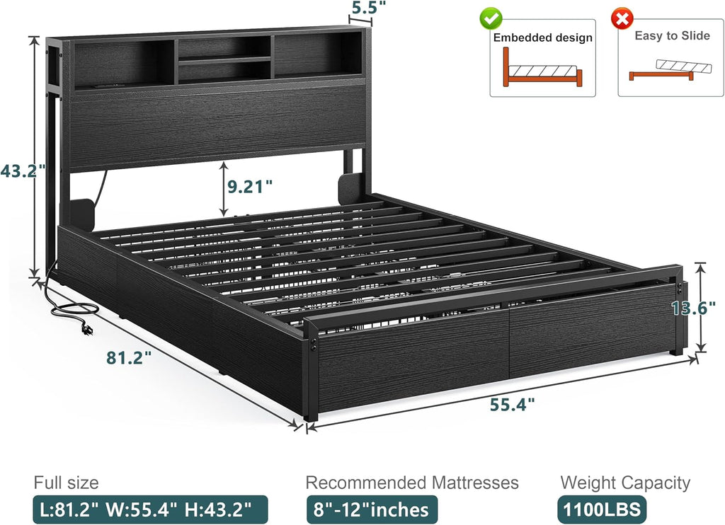 EnHomee Full Size Bed Frame with 6 Storage Drawers, Headboard & Charging Station, Noise-Free Metal Platform Bed, No Box Spring Needed,Black