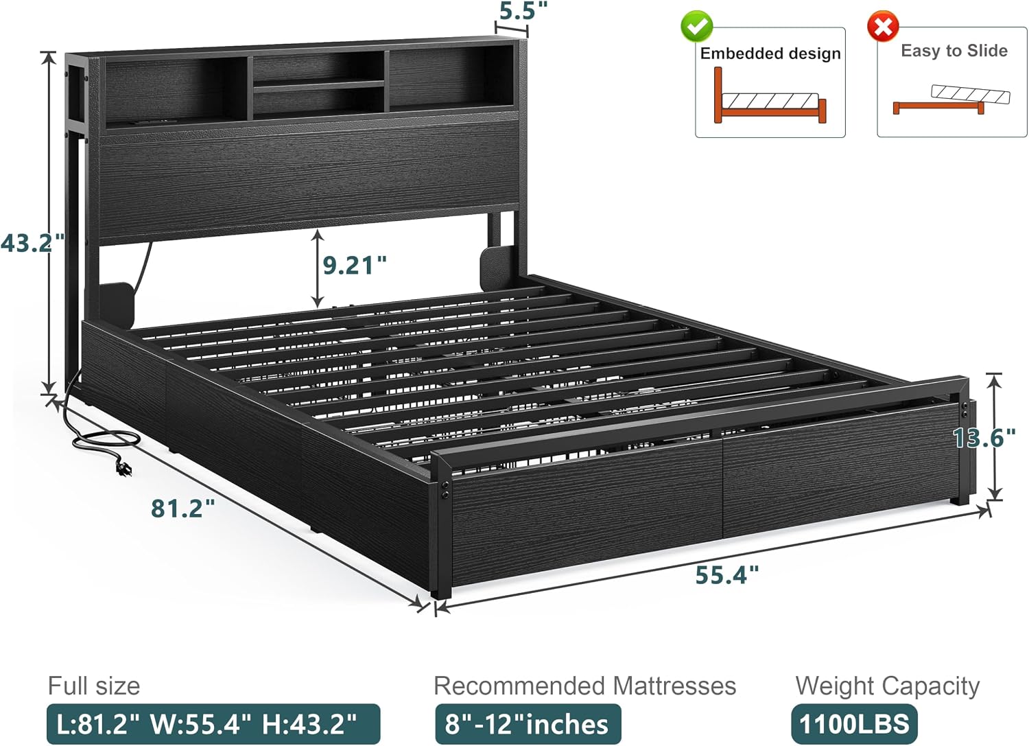 EnHomee Full Size Bed Frame with 6 Storage Drawers, Headboard & Charging Station, Noise-Free Metal Platform Bed, No Box Spring Needed,Black