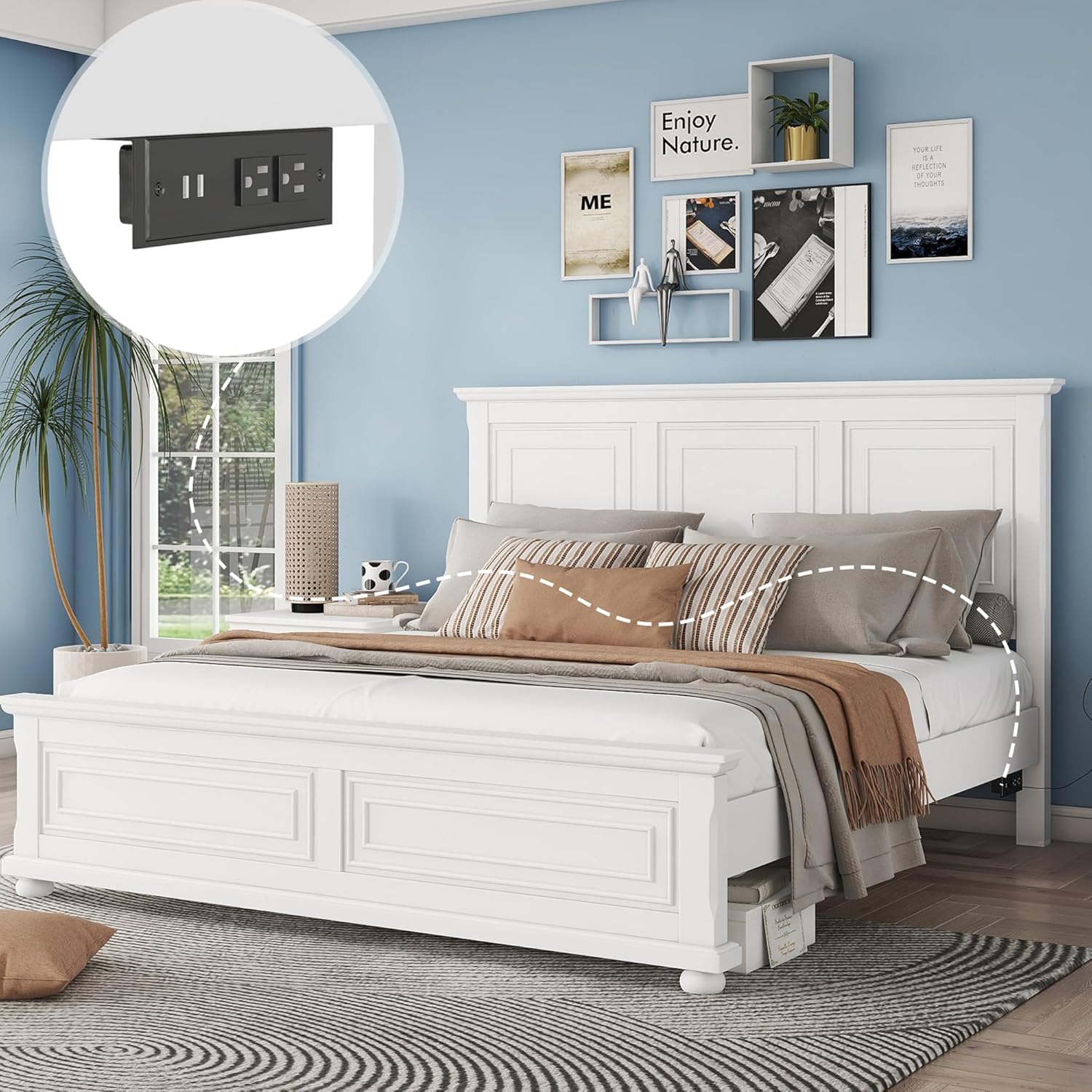 Wood Bed Frame King with Tall Headboard & Footboard, Traditional King Panel Bed with USB Charging Station for Bedroom, Guest Room, Easy Assembly, No Box Spring Required,White