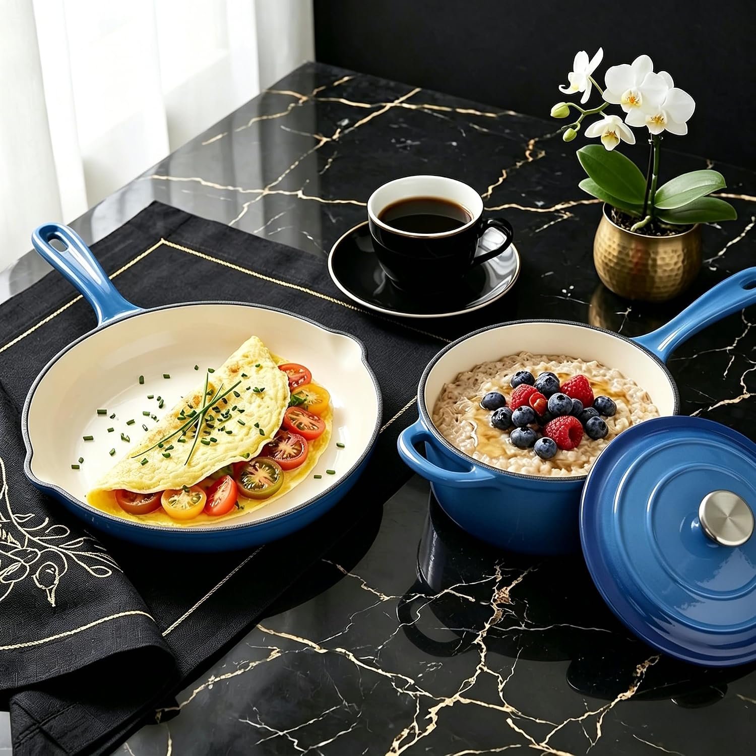 QuliMetal Enameled Cast Iron Cookware Set, 4-Piece Pots and Pans Set with Lids, 10.25' Skillet, 2QT Saucepan, 2.8QT & 4.8QT Dutch Ovens, Oven Safe to 500°F, All Stovetops Compatible - Cobalt Blue