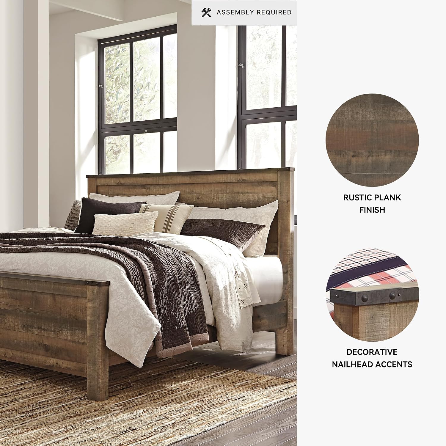 Signature Design by Ashley Trinell Casual King Panel Bed with Metal Slats and Nailheads, Foundation or Box Spring Needed, Dark Brown