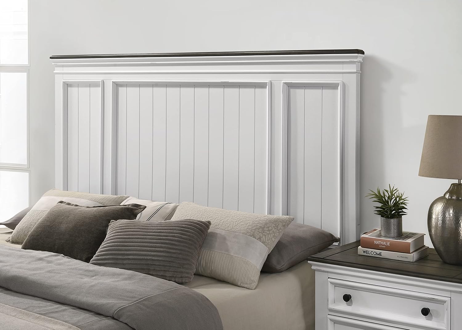 Clelane Wood Bedroom Set with Shiplap Panel King Bed, Dresser, Mirror, and Nightstand in Weathered White and Dark Gray