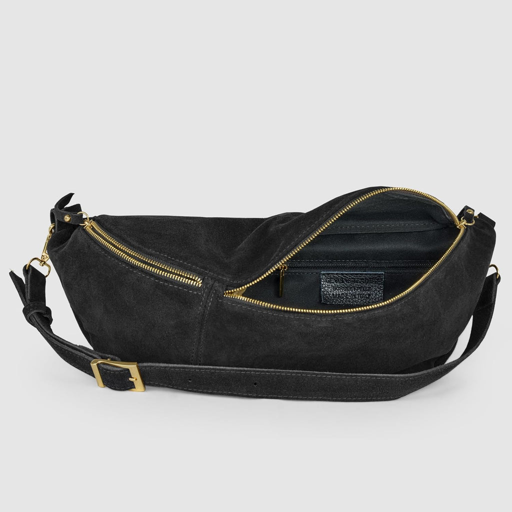 Italian Genuine Suede Crossbody Bag for Women with Zipper & Detachable Strap | Large Travel Chest Sling Fanny Pack (Black)