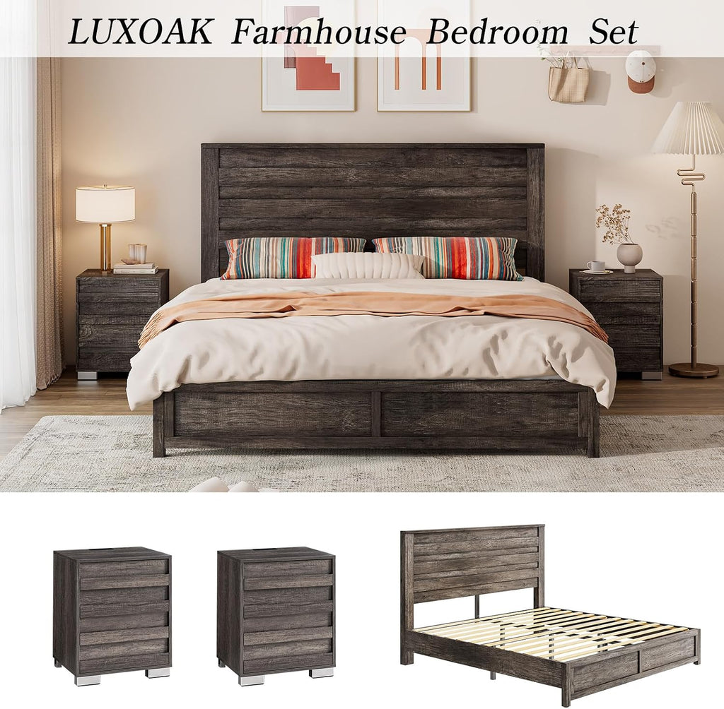 LUXOAK 3 Pcs Bedroom Furniture Sets,Includes Farmhouse Full Size Bed Frame with 49' Tall Headboard and Nightstand Sets of 2 with Charging Station, Slated Handles & Stainless Steel Feet, Rustic Grey