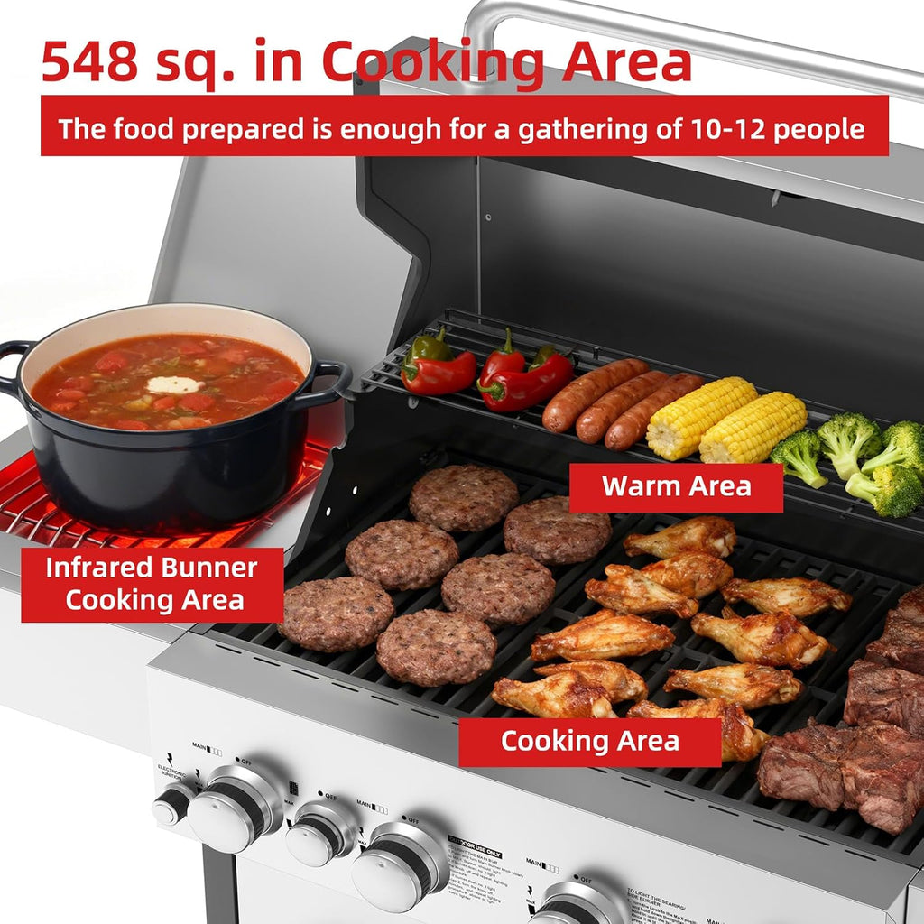 Veralune 4 Burner Gas Grill with Infrared Side Burner, Outdoor Gas Grill, BBQ Gas Grill with Oil Tray and Built-in Thermometer, 55,000 BTU, Enameled Cast-iron Grates, Black