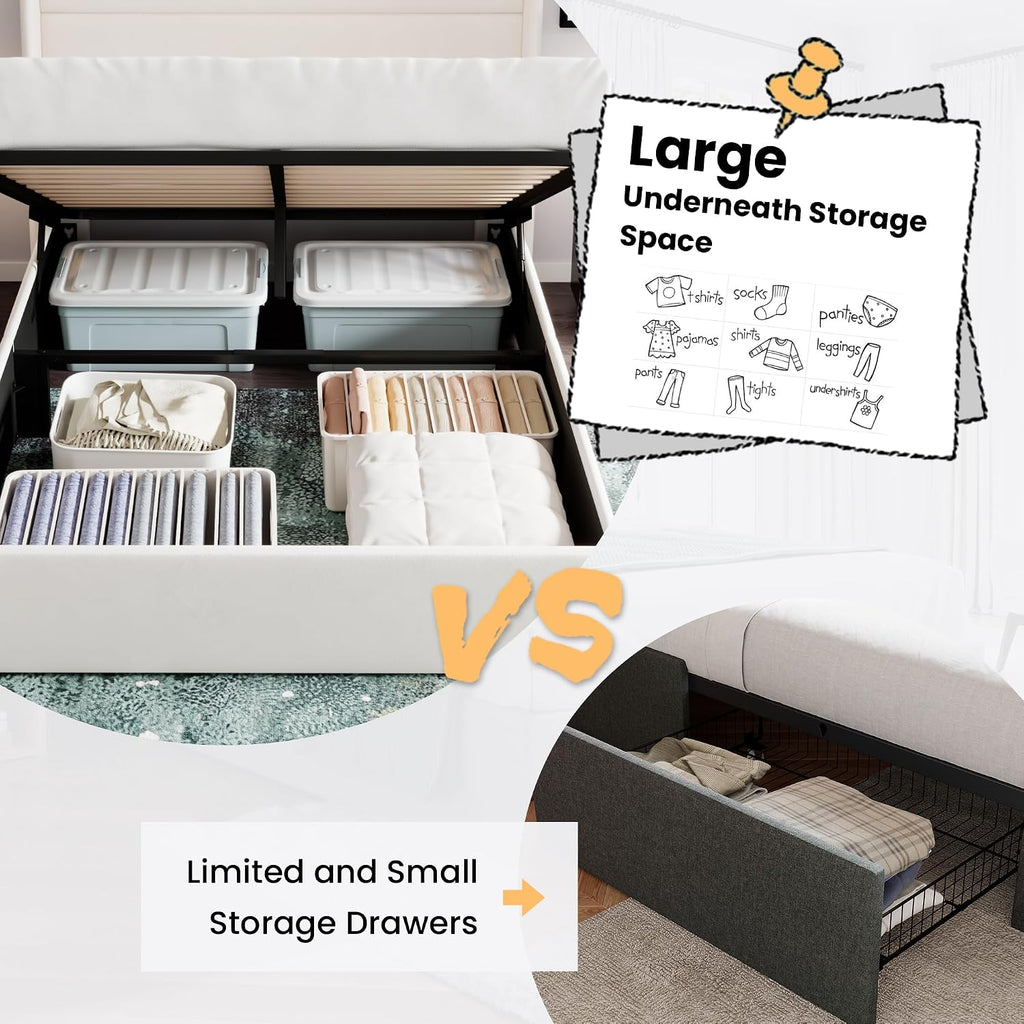 SHA CERLIN Queen Size Lift Up Storage Bed/Velvet Upholstered/Modern Wingback Headboard/Upholstered Platform Bed Frame/Hydraulic Storage/No Box Spring Needed/White