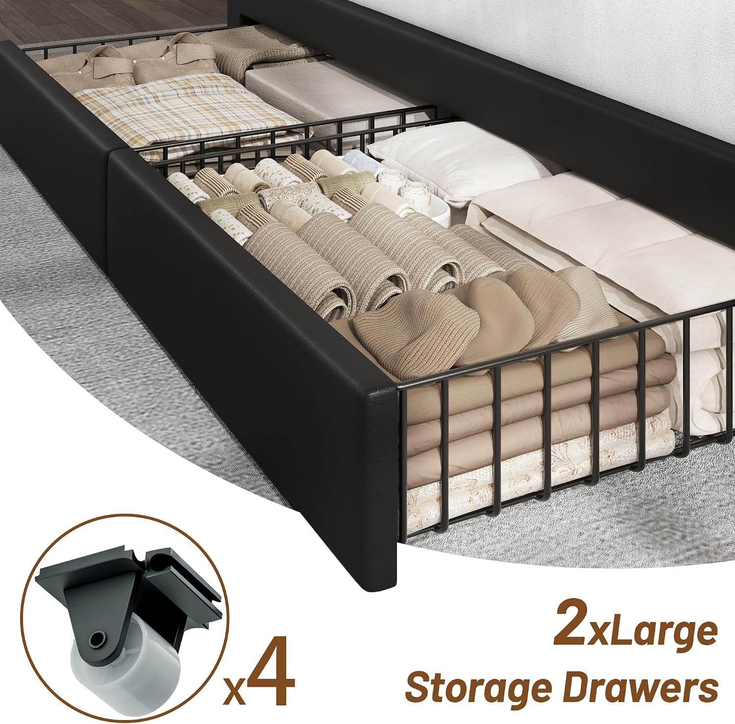 CypBed King Size Bed Frame with 2 Tier Storage Headboard, Upholstered King Bed Frame with 4-Storage Drawers, 3 USB & Type-C Charging Ports,Solid Wood Slats,No Box Spring Needed,Noise-Free, Black,Gift