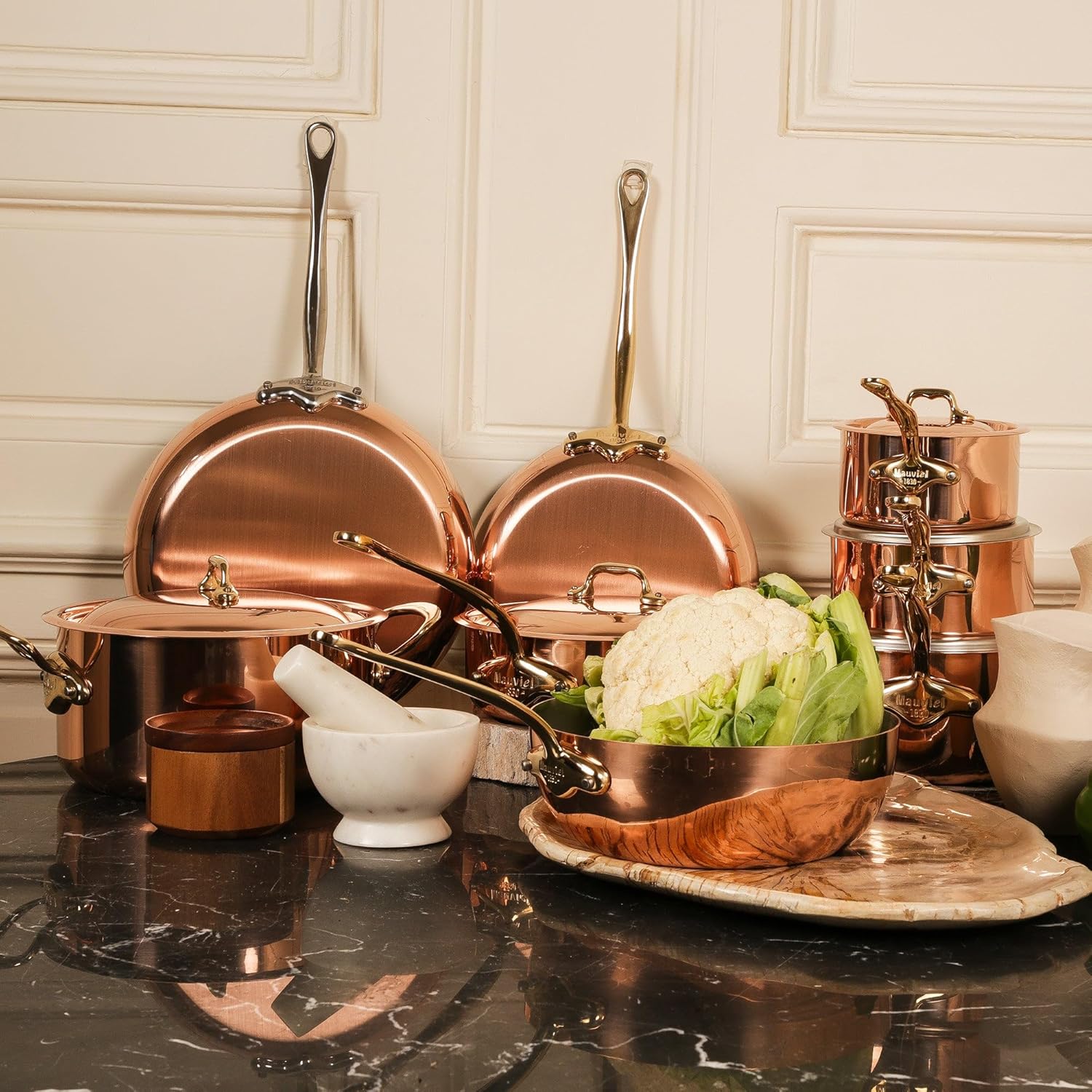 Mauviel M'Heritage 150 B 1.5mm Polished Copper & Stainless Steel Saute Pan With Lid, And Brass Handle, 1-qt, Made in France