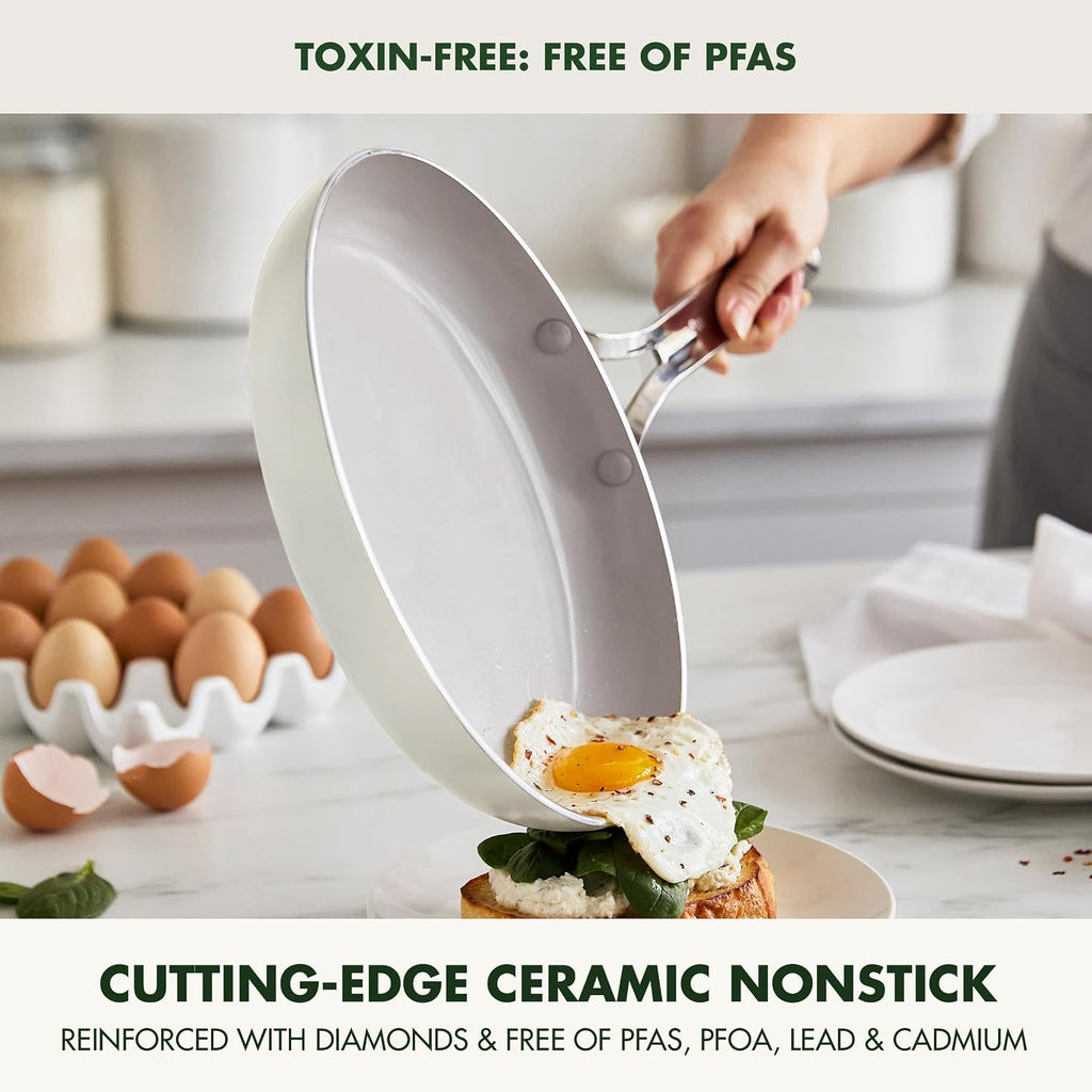 GreenPan Nova 8' & 10' 2 Piece Frying Pan Skillet Set, Oprah's Favorite Things 2024, Induction Suitable PFAS-Free Nontoxic Ceramic Nonstick, Dishwasher & Oven Safe, Quick Even Heating, Cream White