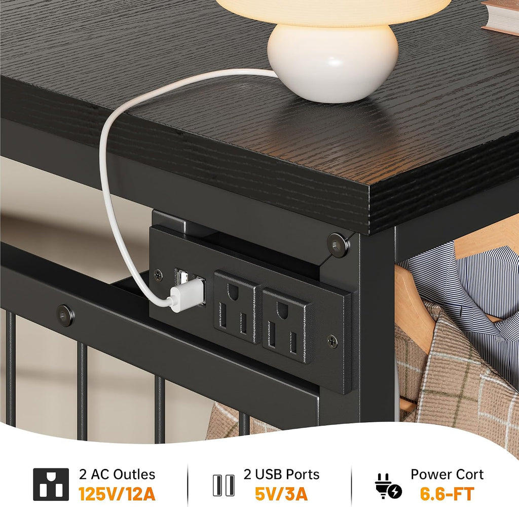 EnHomee 49.2' W Dresser for Bedroom with Hanging Rack 6 Drawers Dresser with LED Lights & Charging Station, Fabric Dressers & Chest of Drawers with 4 Hooks, Wooden Top, Grid Panel, Black
