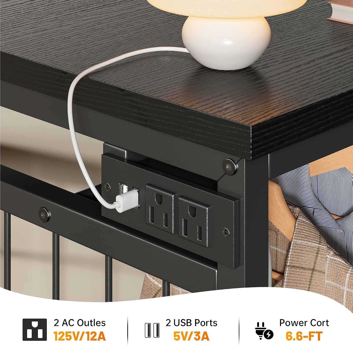EnHomee 49.2' W Dresser for Bedroom with Hanging Rack 6 Drawers Dresser with LED Lights & Charging Station, Fabric Dressers & Chest of Drawers with 4 Hooks, Wooden Top, Grid Panel, Black