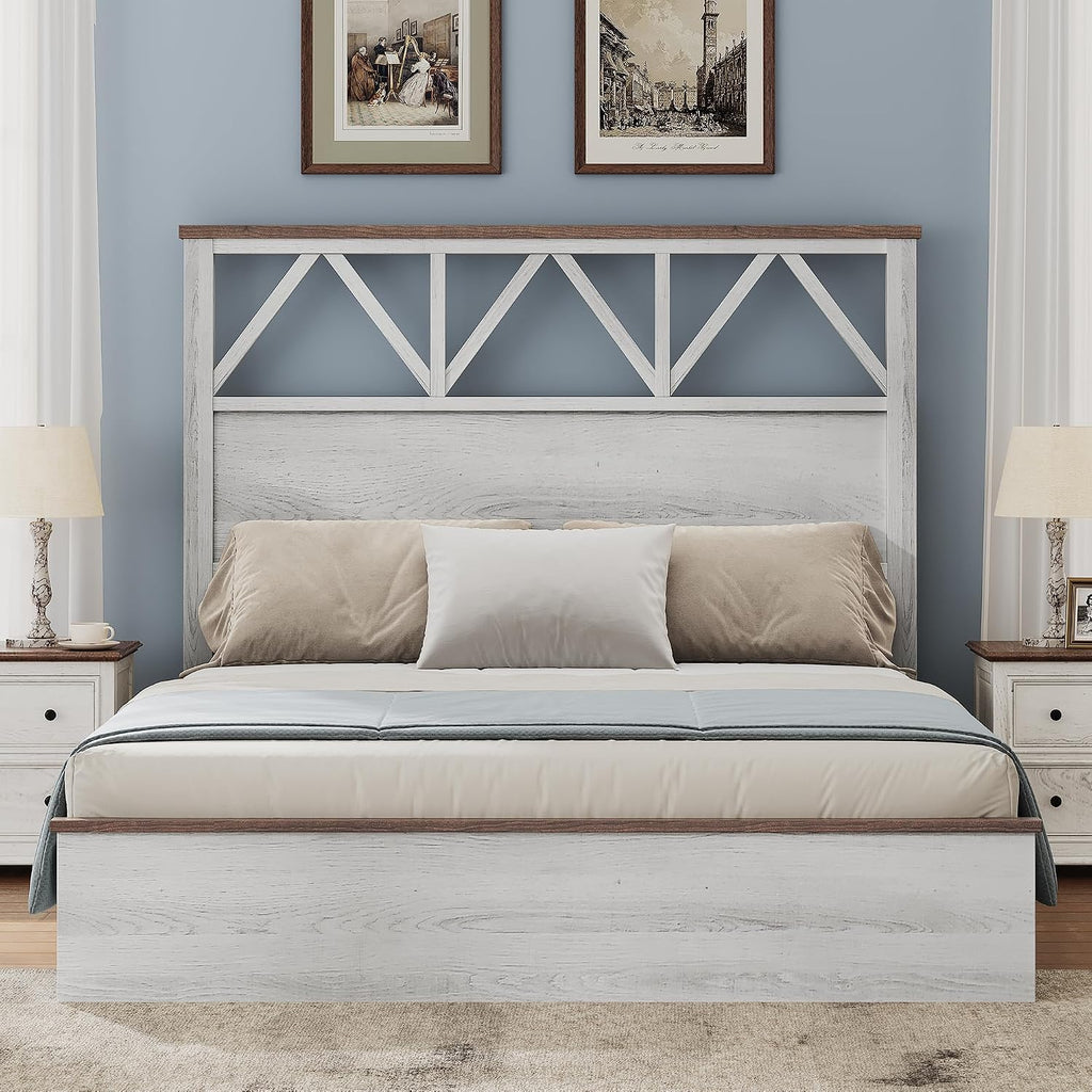 YITAHOME Farmhouse Full Size Bed Frame with 47.2'' Headboard, Platform Rustic Wood Bed Frame with Slats, Sturdy and Noiseless, No Spring Needed, White