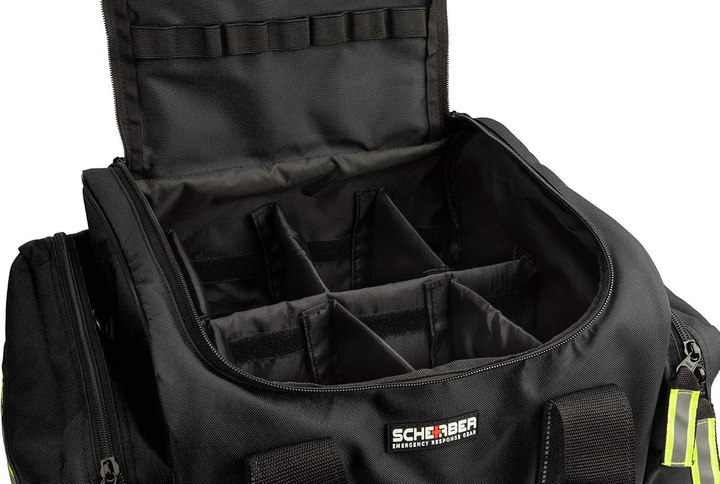 Scherber First Responder Fully-Stocked Large Professional Essentials EMT/EMS Trauma Kit | HSA/FSA Approved | Reflective Bag w/8 Zippered Pockets & Compartments & 250+ First Aid Supplies (Black)