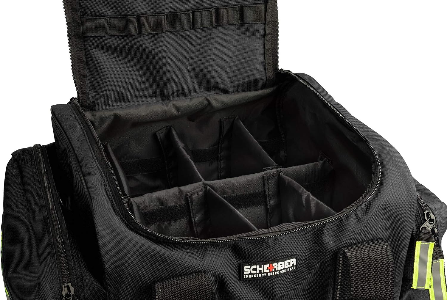 Scherber First Responder Fully-Stocked Large Professional Essentials EMT/EMS Trauma Kit | HSA/FSA Approved | Reflective Bag w/8 Zippered Pockets & Compartments & 250+ First Aid Supplies (Black)