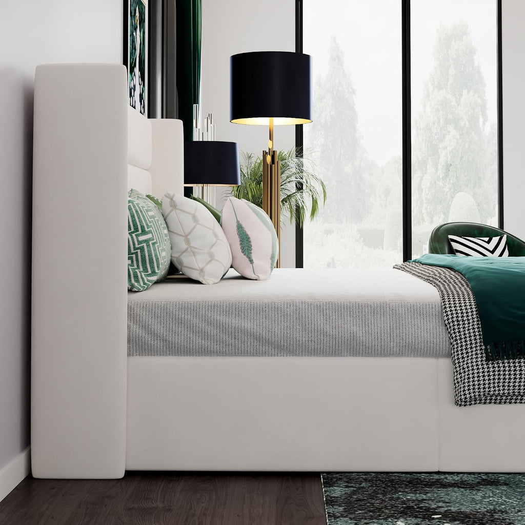 SHA CERLIN Full Size Lift Up Storage Bed/Velvet Upholstered/Modern Wingback Headboard/Upholstered Platform Bed Frame/Hydraulic Storage/No Box Spring Needed/White