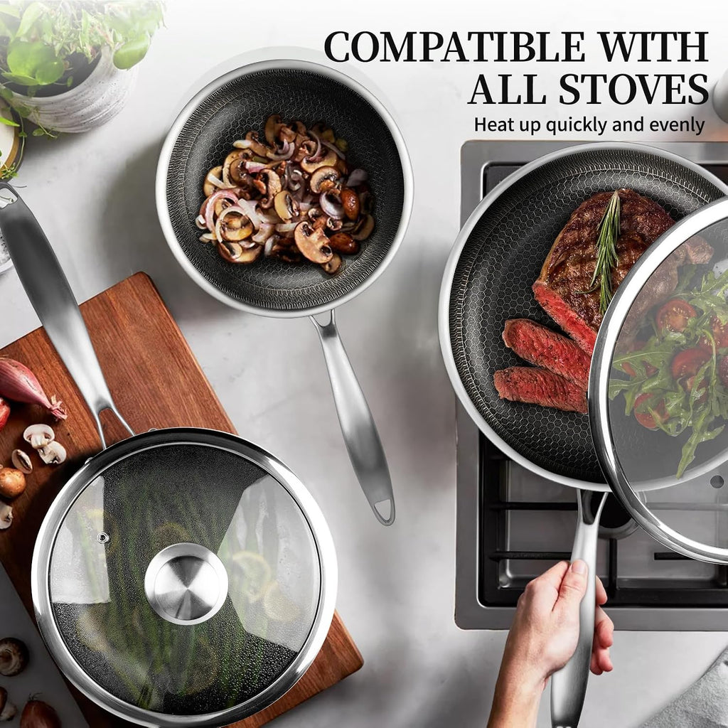 6 Pieces Stainless Steel Frying Pan Set with Lids, Honeycomb Nonstick Frying Pan Set 3 Pcs,Induction Skillet Set Egg Omelette Frying Pan Sets W/Lid, Induction Compatible, PFOA Free