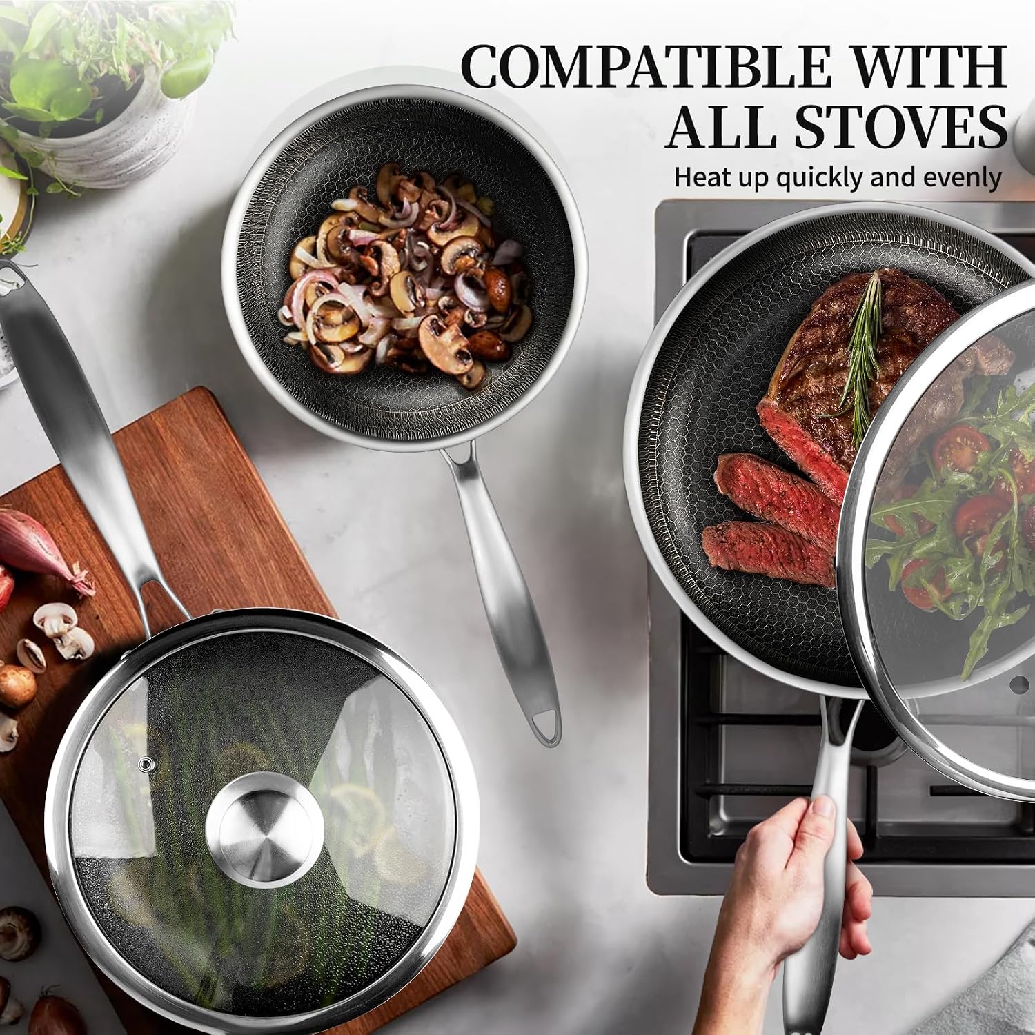 6 Pieces Stainless Steel Frying Pan Set with Lids, Honeycomb Nonstick Frying Pan Set 3 Pcs,Induction Skillet Set Egg Omelette Frying Pan Sets W/Lid, Induction Compatible, PFOA Free