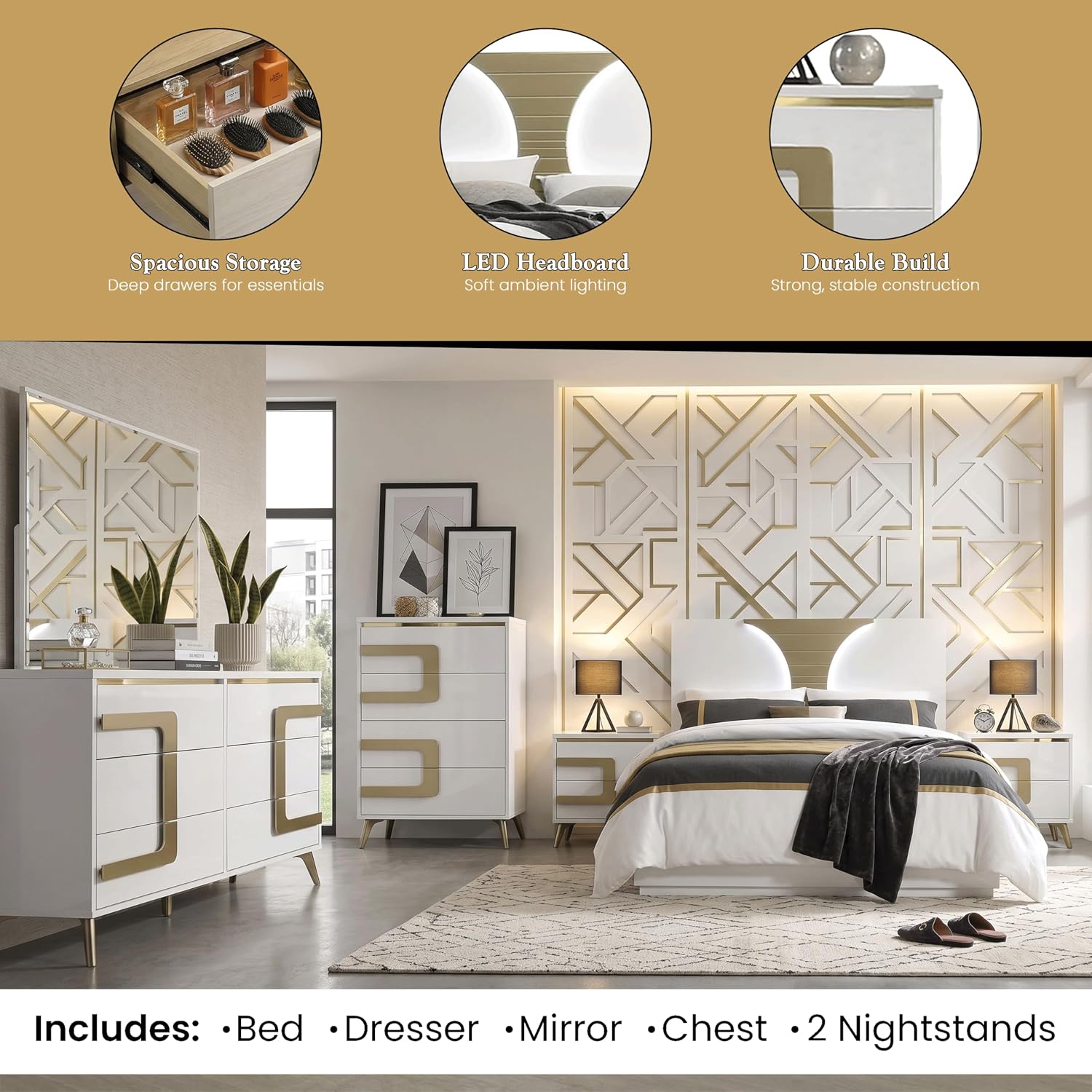 Kings Brand Furniture Claire 6-Piece Queen Size Bedroom Set - Bed with LED Headboard, Dresser, Mirror, Chest and 2 Nightstands, White/Gold