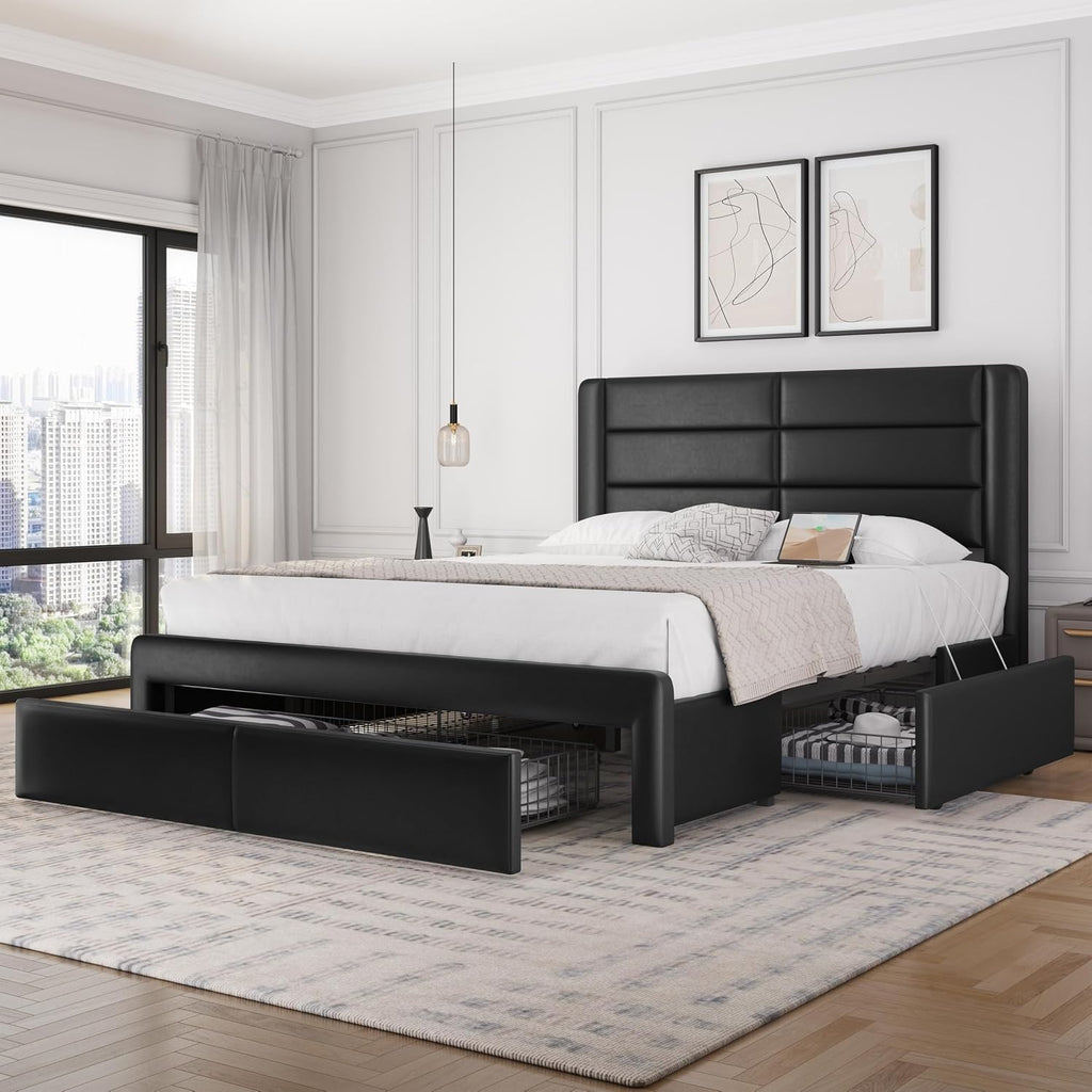 Yaheetech Full Size Bed Frame with 2 USB Charging Stations/Port for Type A&Type C/3 Storage Drawers, Leather Upholstered Platform Bed with Headboard/Solid Wood Slat Support/No Box Spring Needed/Black