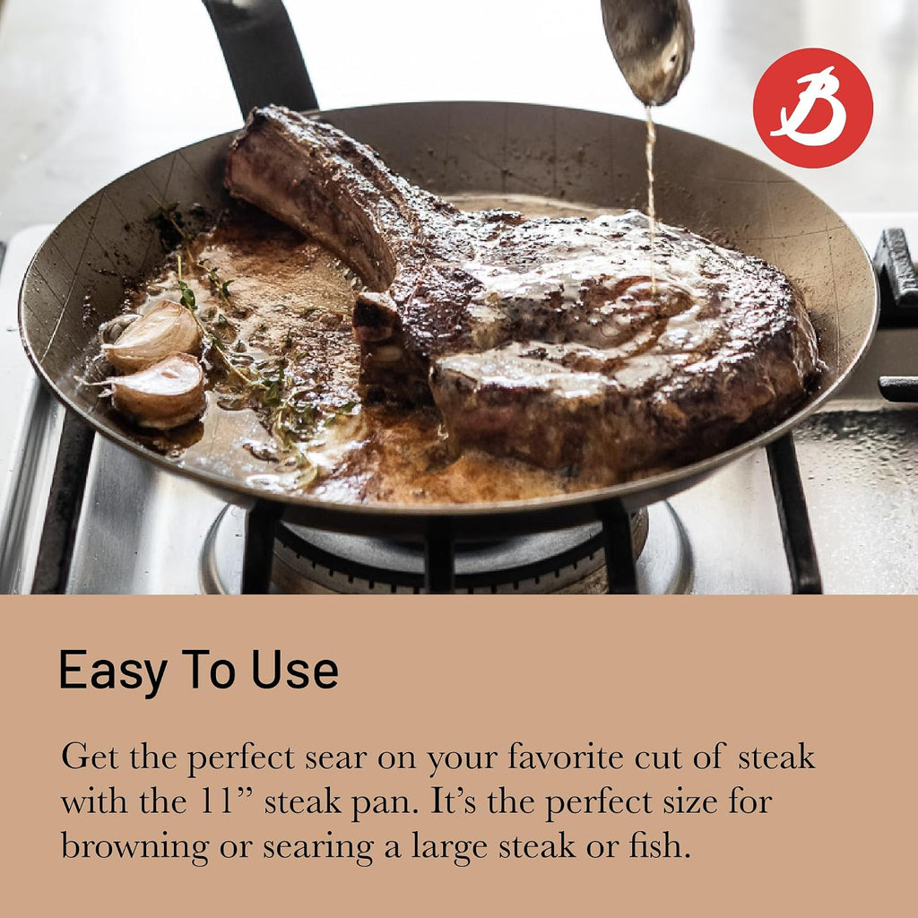 de Buyer MINERAL B Carbon Steel Steak Pan - 11' Diameter, 8.4' Cooking Surface - Ideal for Searing & Browning Meat - Naturally Non-Stick Finish - Made in France