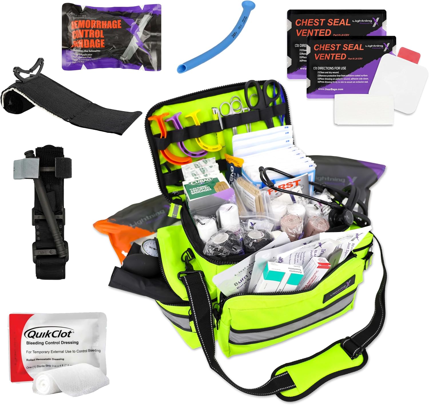 Lightning X Mid-Sized First Responder EMT Bag | LXMB25 | Fully Stocked w/ 248+ First Aid Supplies + Trauma Pak w/C.A.T. Tourniquet & QuikClot - Fluorescent Yellow