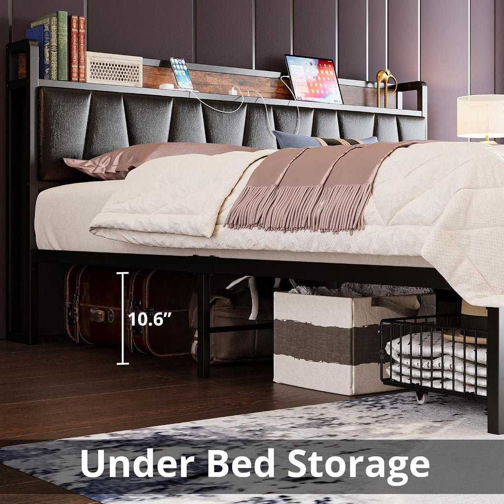 LIKIMIO King Size Bed Frame, Storage Headboard with Charging Station, Platform Bed with Drawers, No Box Spring Needed, Easy Assembly, Vintage Brown and Black