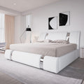 Allewie King Size Bed Frame with Iron Piece Decor, Faux Leather Upholstered Platform Bed with Curved Adjustable Headboard, Wooden Slats Support, No Box Spring Needed, Modern White