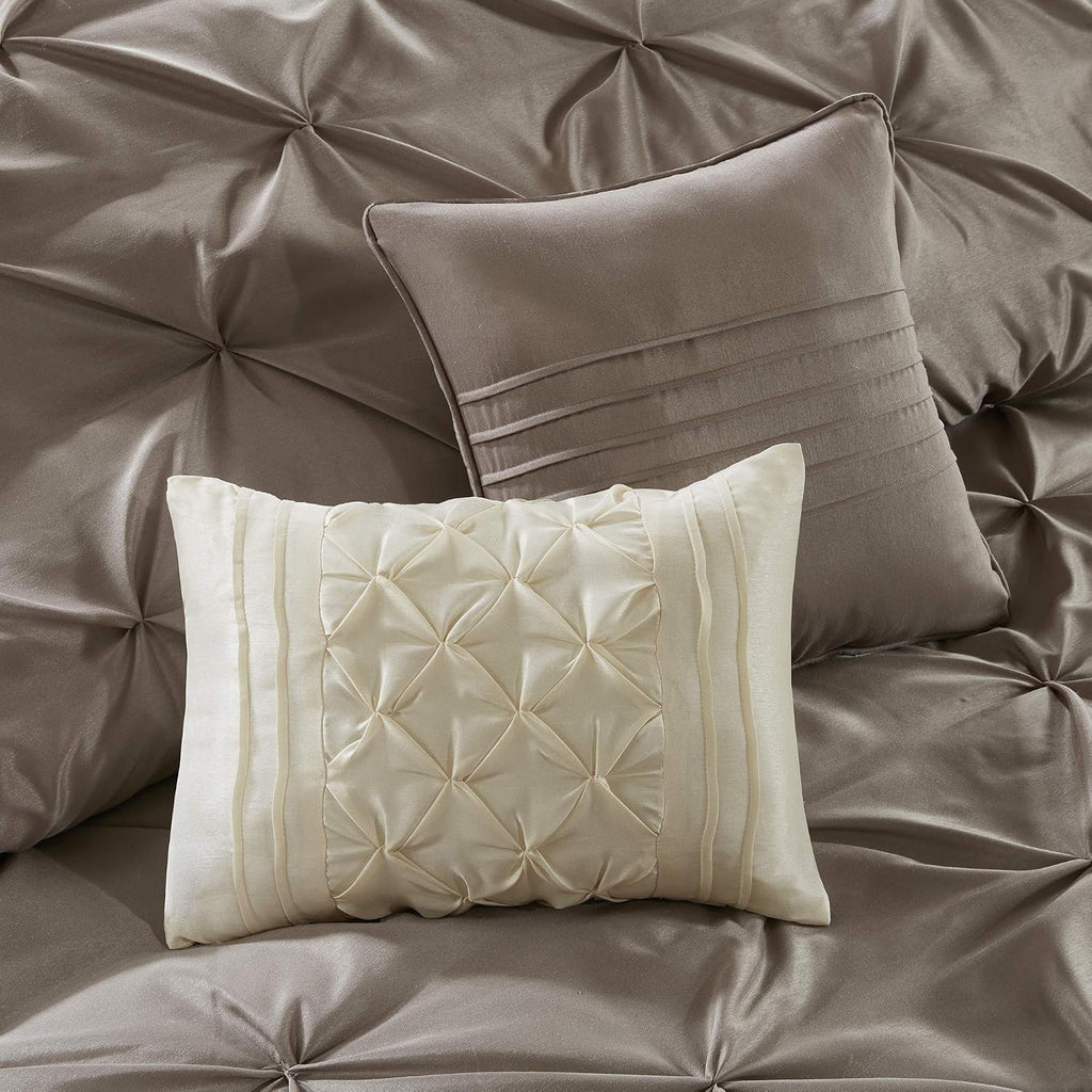 Madison Park Essentials Room in a Bag Faux Silk Comforter Set - Luxe Diamond Tufting All Season Bedding, Matching Curtains, Decorative Pillows, Taupe Queen(90'x90') 24 Piece