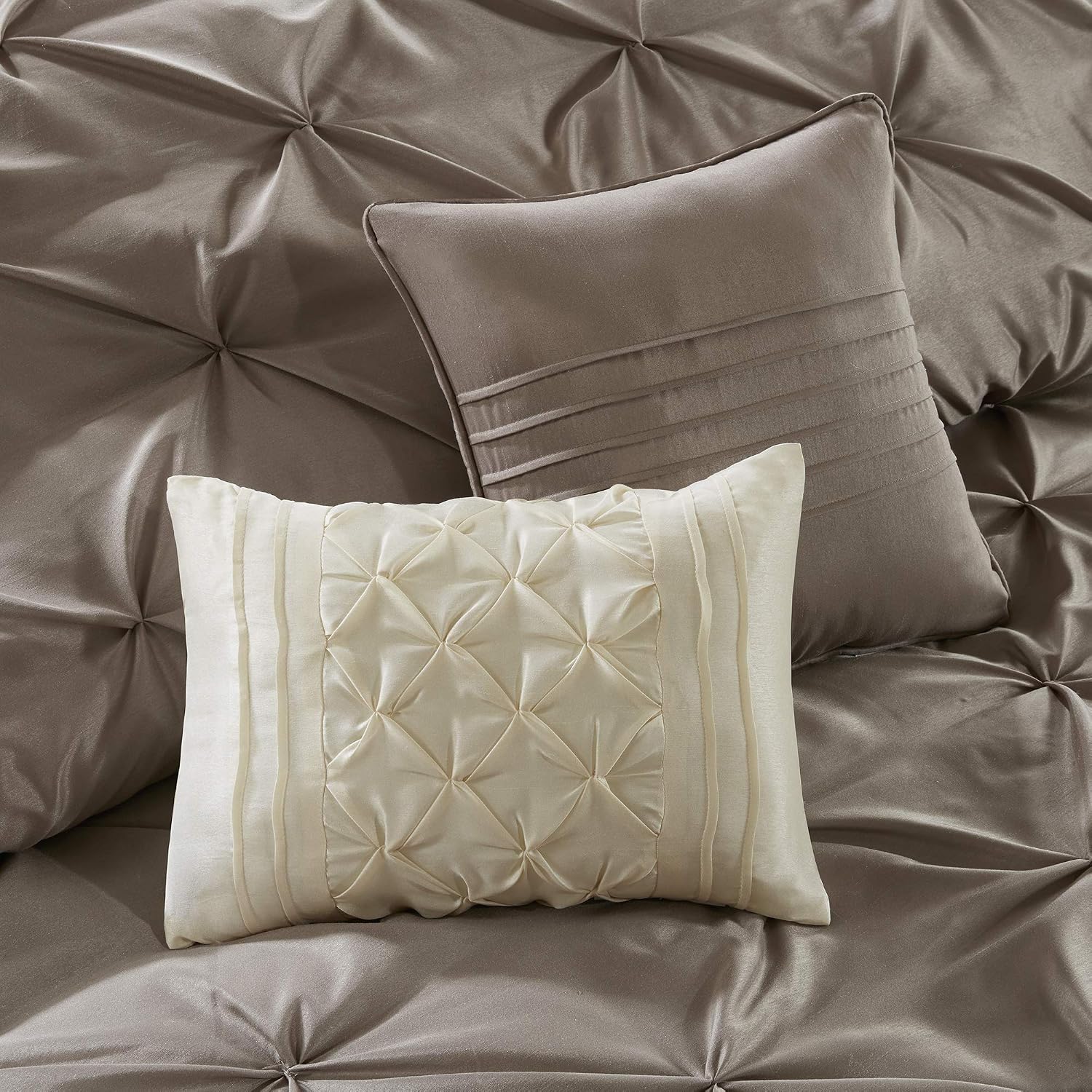 Madison Park Essentials Room in a Bag Faux Silk Comforter Set - Luxe Diamond Tufting All Season Bedding, Matching Curtains, Decorative Pillows, Taupe Queen(90'x90') 24 Piece